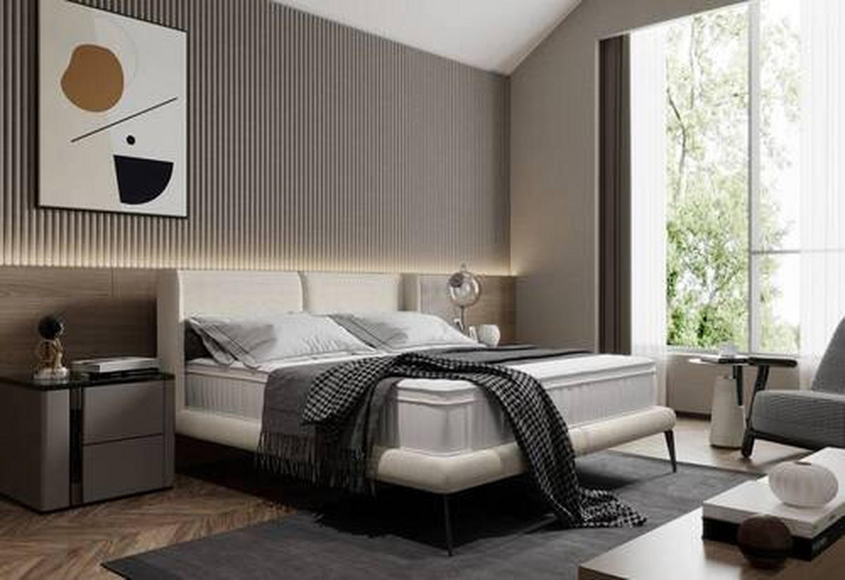 Polsterbett inkl. Matratze Matratze, gepolstertes Kopfteil, Topper Creme 180/200 cm  - Creme/Schwarz, MODERN, Textil/Metall (180/200cm) - Livetastic