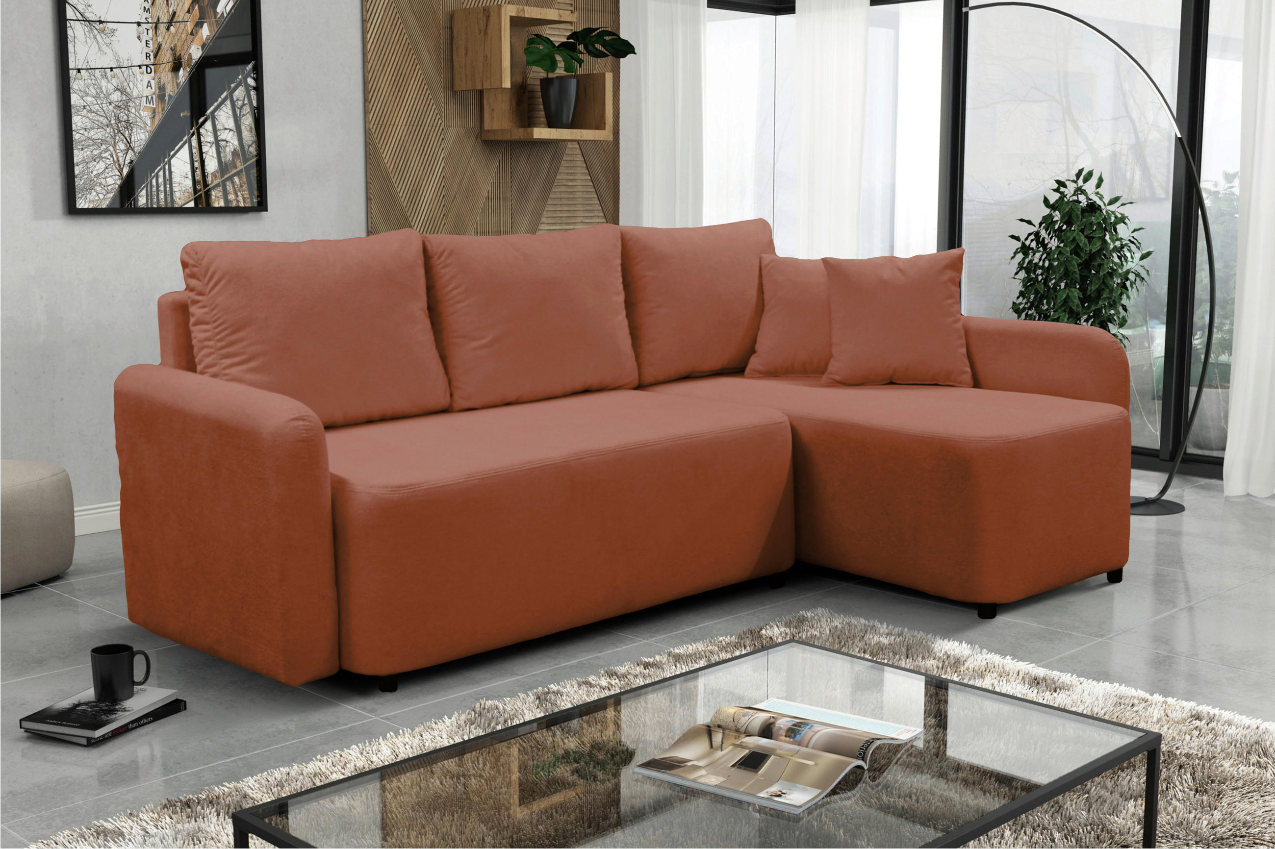 ECKSOFA STERN Hellrot Bouclé Zierkissen, Rückenkissen, Bettkasten  - Hellrot/Schwarz, Design, Kunststoff/Textil (207/152cm) - MID.YOU