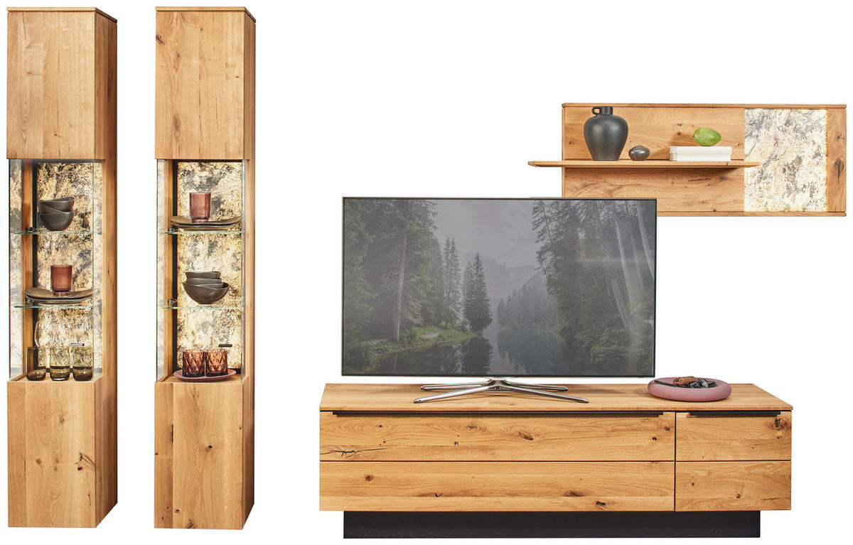 WOHNWAND  in Eichefarben  298/205,7/53,7 cm  - Eichefarben/Schwarz, Natur, Glas/Holz (298/205,7/53,7cm) - Valnatura