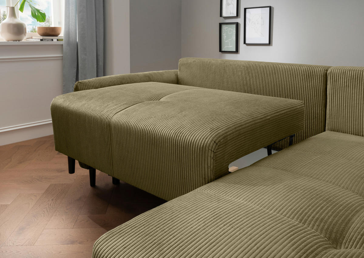 ECKSCHLAFSOFA  mit Liegefunktion, Rücken echt Cord Olivgrün  - Schwarz/Olivgrün, Basics, Holz/Textil (238/174cm) - Livetastic