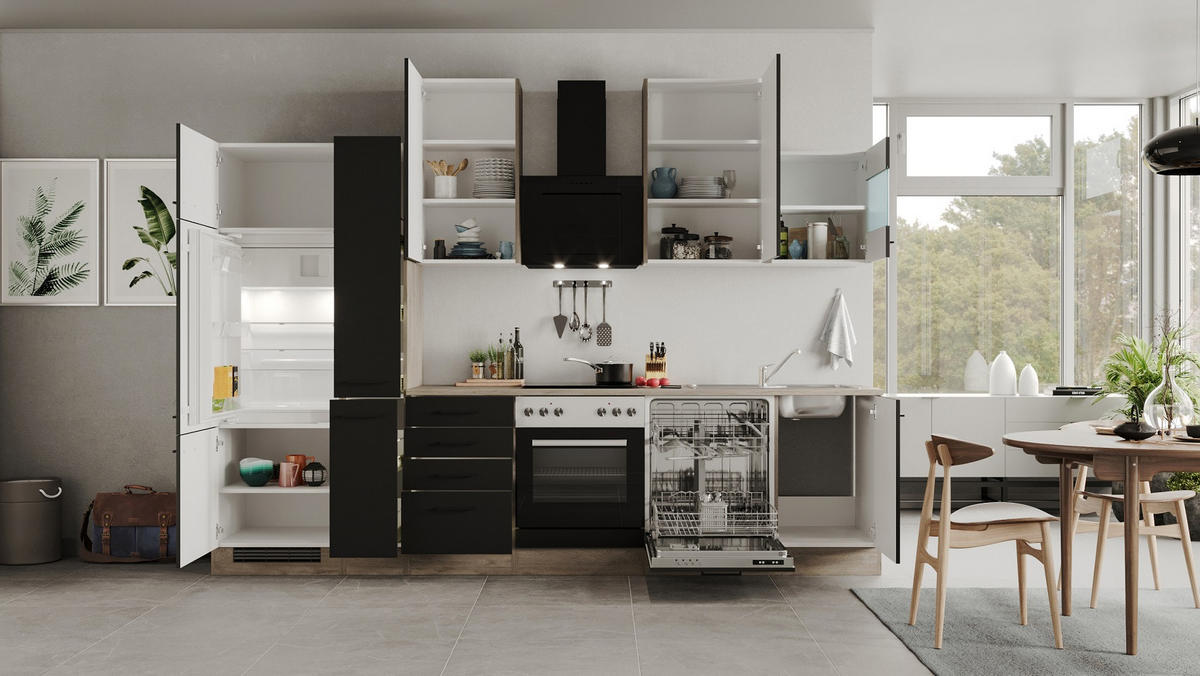 KUCHYNSKÁ LINKA CAPRI 310 - čierna/farba duba, Modern, kov/kompozitné drevo (310cm) - FlexWell