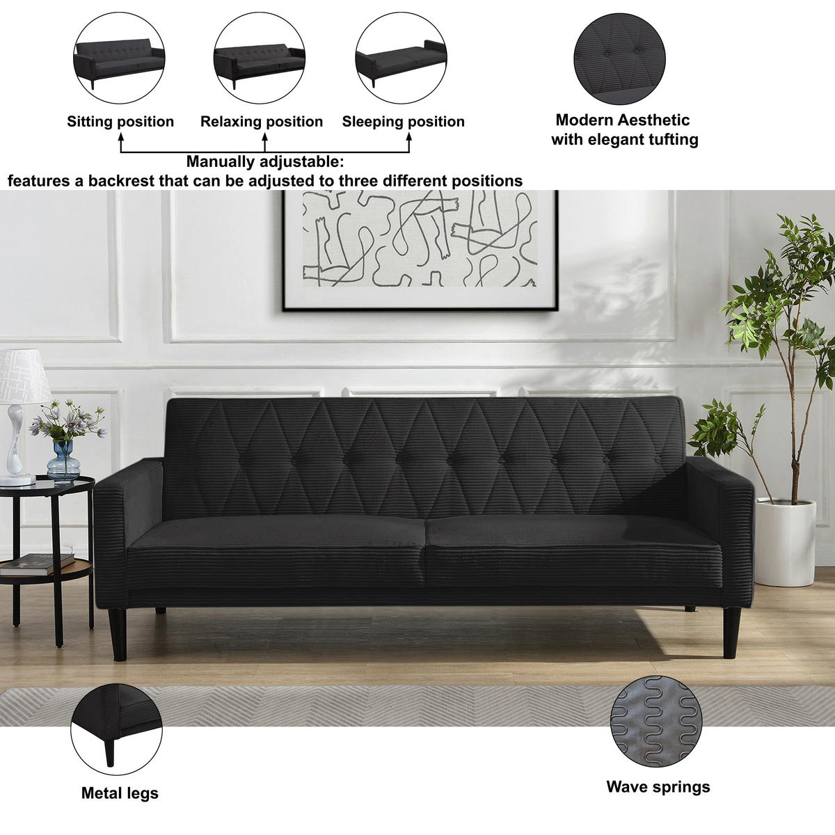SCHLAFSOFA Cord Anthrazit  - Anthrazit/Braun, Basics, Holz/Textil (213/81/86cm) - Livetastic