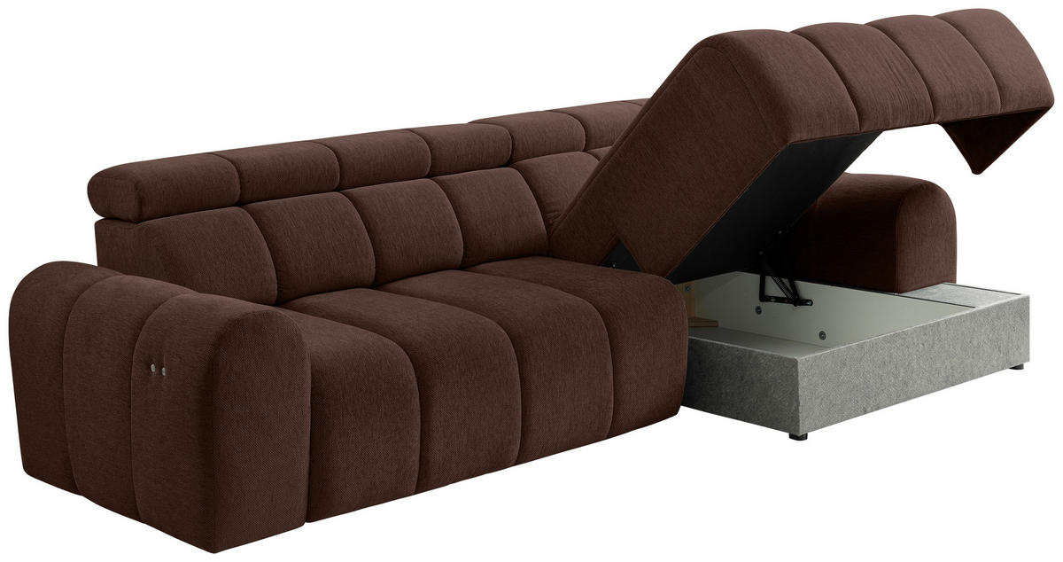 ECKSOFA Dunkelbraun Chenille Bettkasten, Rücken echt, Kopfteilverstellung, Sitzvorzug  - Dunkelbraun/Schwarz, Design, Kunststoff/Textil (290/152cm) - Stylife