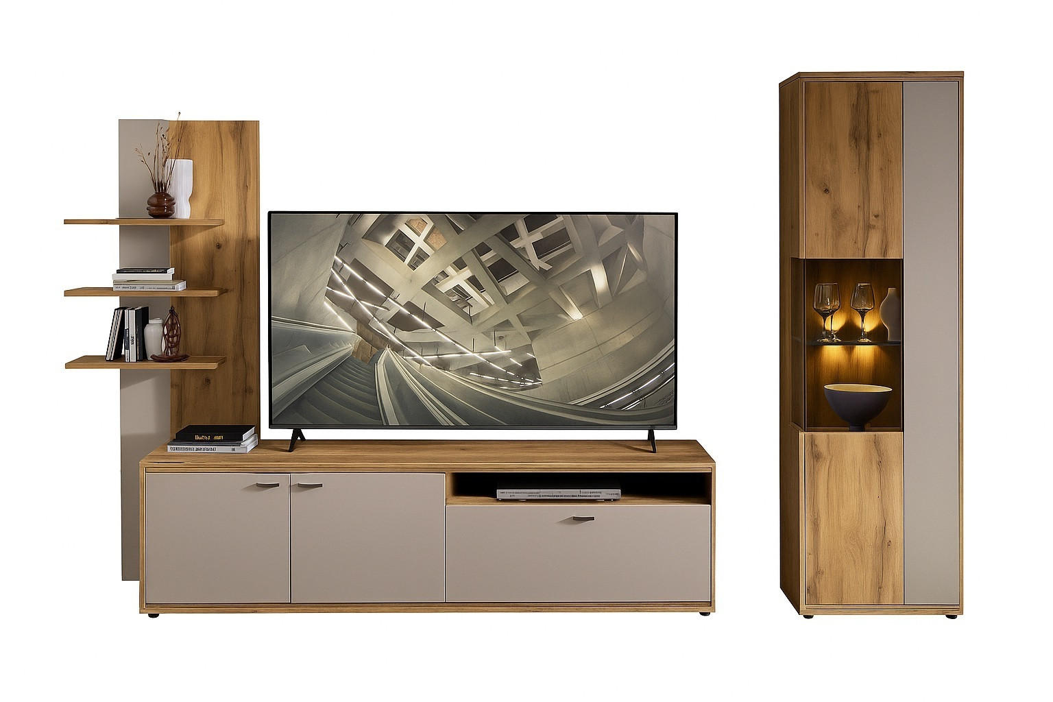 WOHNWAND 2-teilig  in Eichefarben, Kaschmir 310/205/49 cm  - Kaschmir/Eichefarben, Design, Glas/Holzwerkstoff (310/205/49cm) - Livetastic