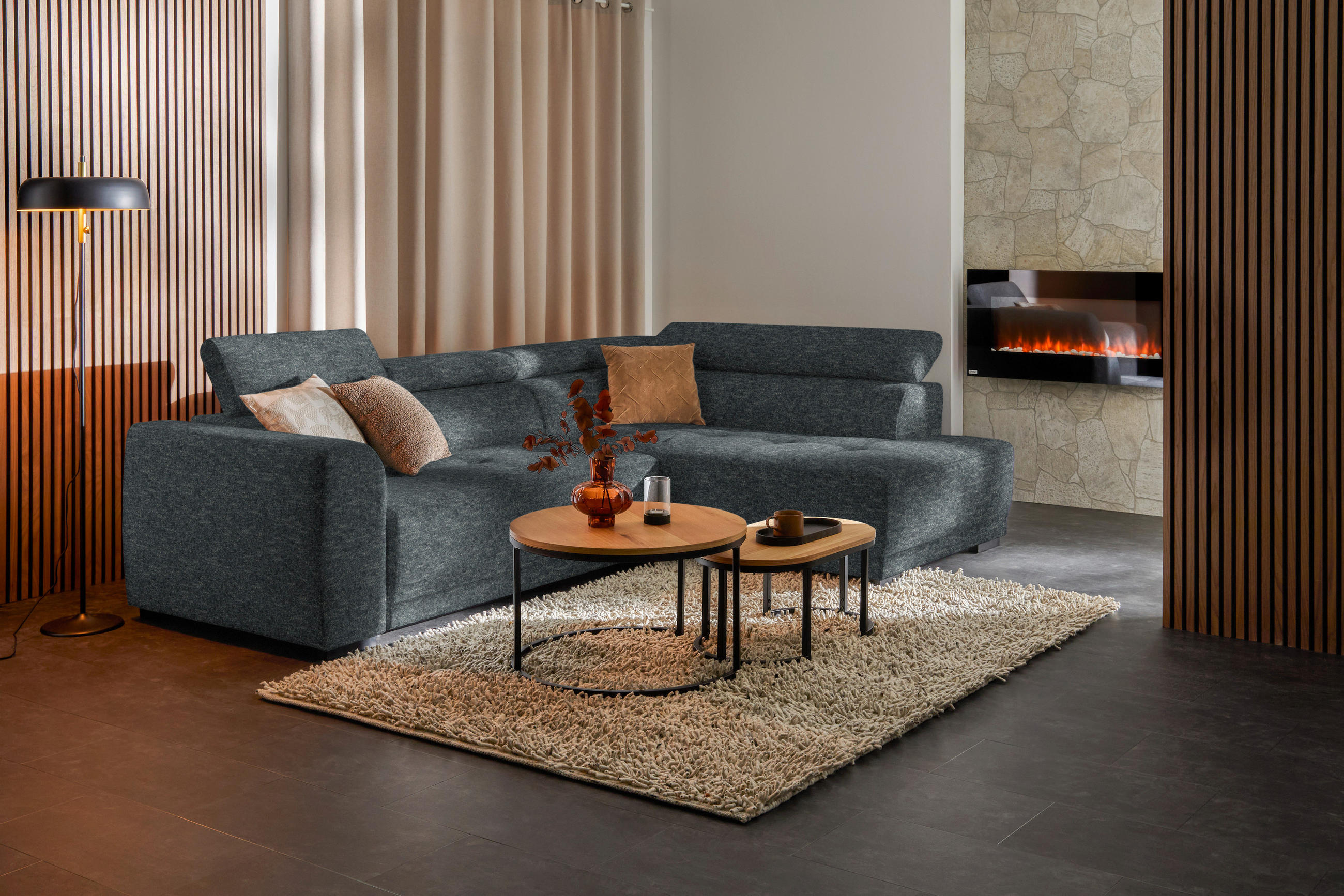 ECKSOFA in Chenille Grau  - Schwarz/Grau, Design, Kunststoff/Textil (284/205cm) - MID.YOU