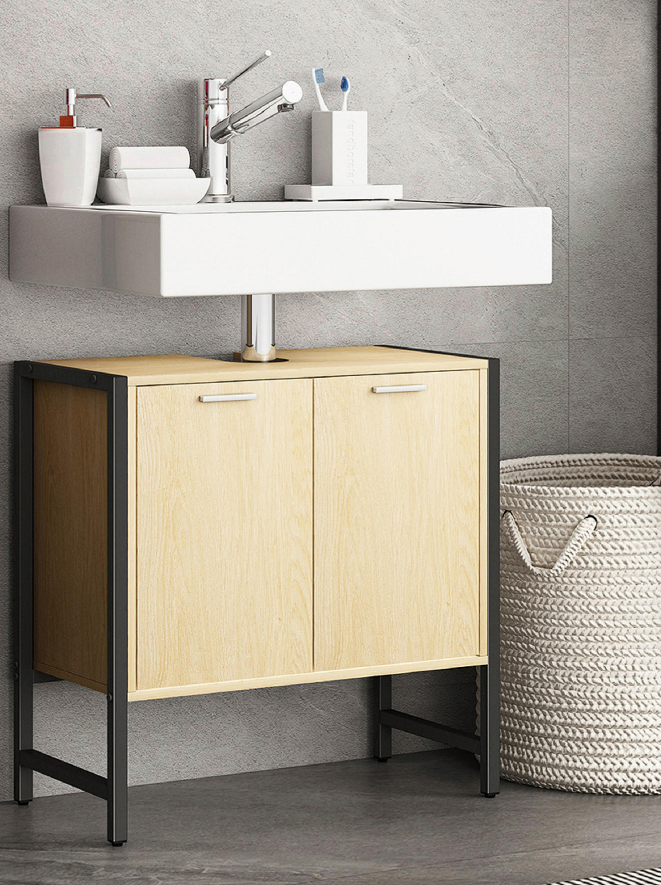 WASCHBECKENUNTERSCHRANK 60/60/30 cm  - Honigeiche/Silberfarben, Modern, Holzwerkstoff/Metall (60/60/30cm) - MID.YOU