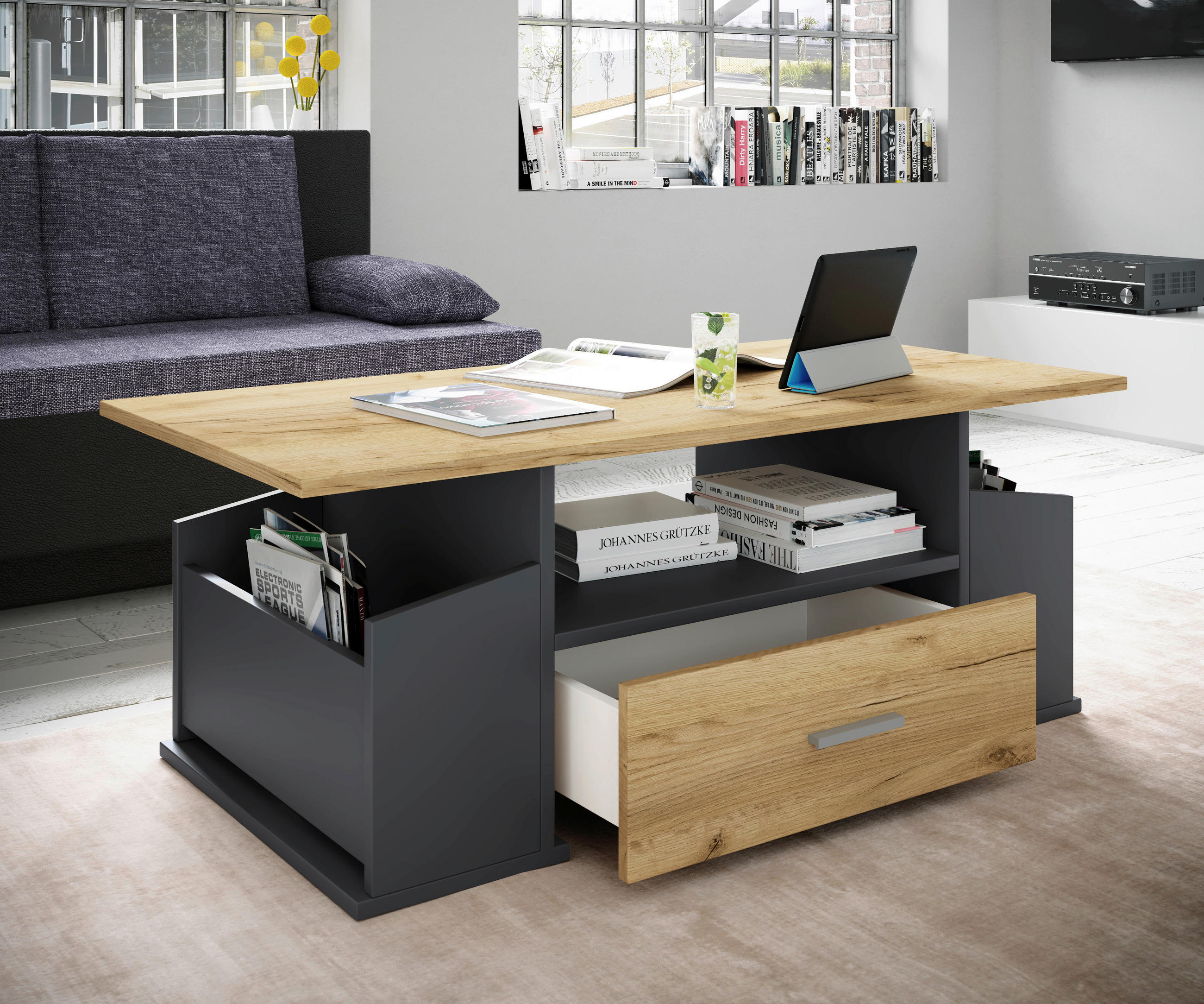 COUCHTISCH Junata 110/52/44 cm rechteckig Anthrazit, Honigeiche  - Honigeiche/Anthrazit, Design, Holzwerkstoff/Kunststoff (110/52/44cm) - MID.YOU
