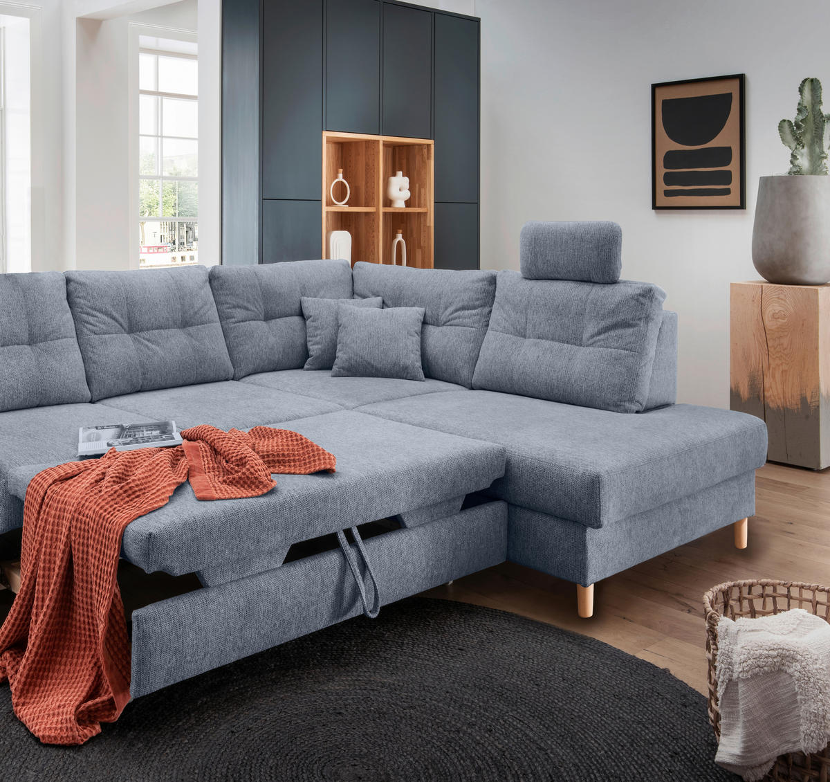 ECKSOFA in Chenille Hellblau  - Naturfarben/Hellblau, Modern, Holz/Textil (264/206cm) - Livetastic
