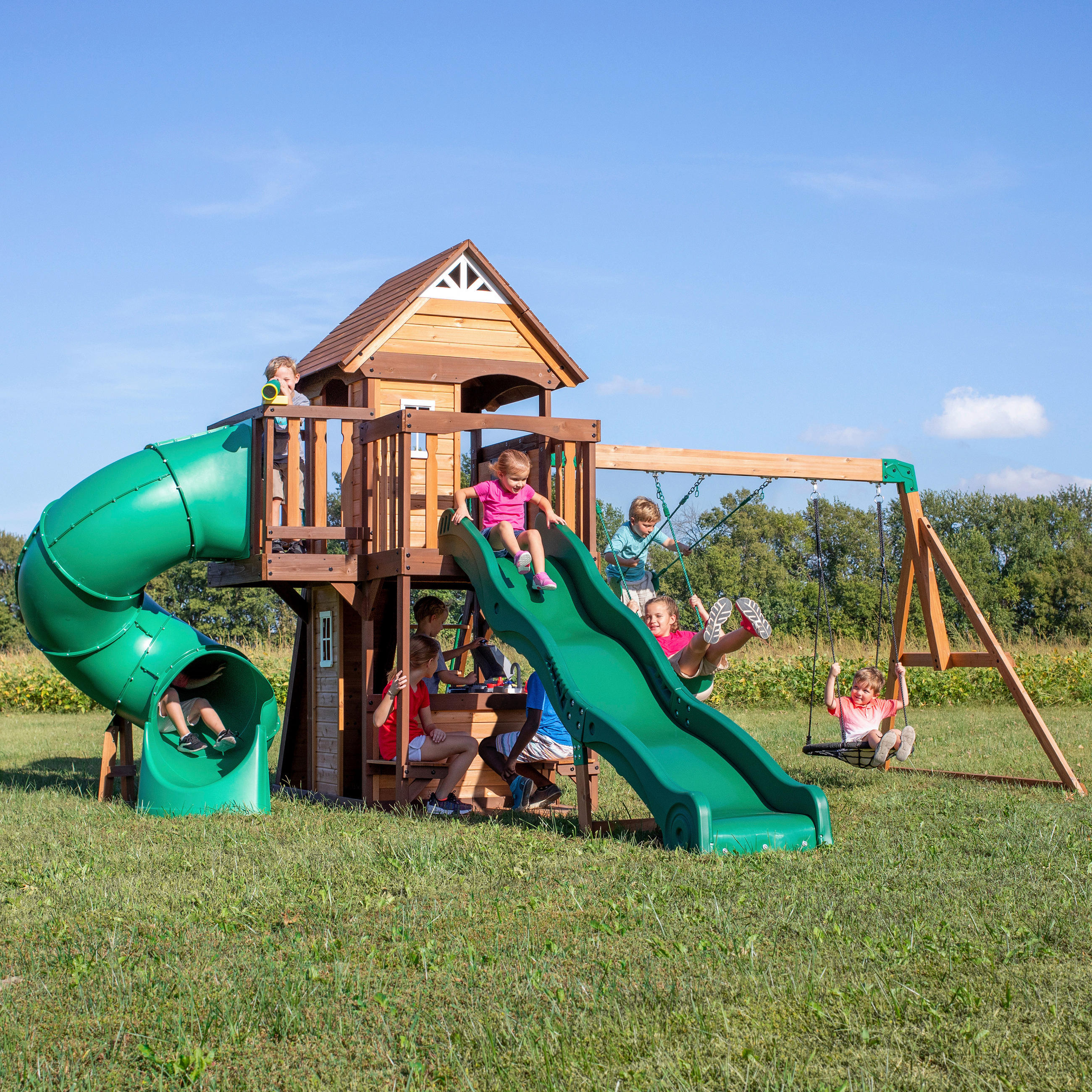SPIELTURM CEDAR COVE 470/300/560 cm  - Braun/Grün, KONVENTIONELL, Holz (470/300/560cm) - Ambia Garden