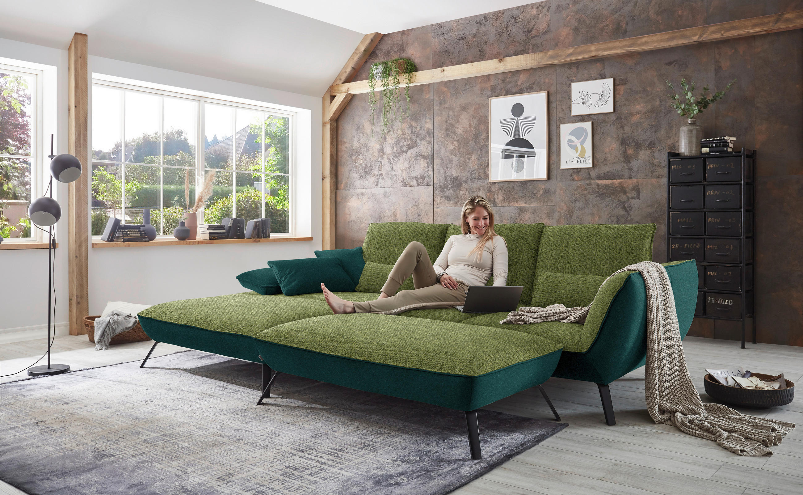 ECKSOFA in Flachgewebe Grün  - Schwarz/Grün, Design, Textil/Metall (191/301cm) - Moderano