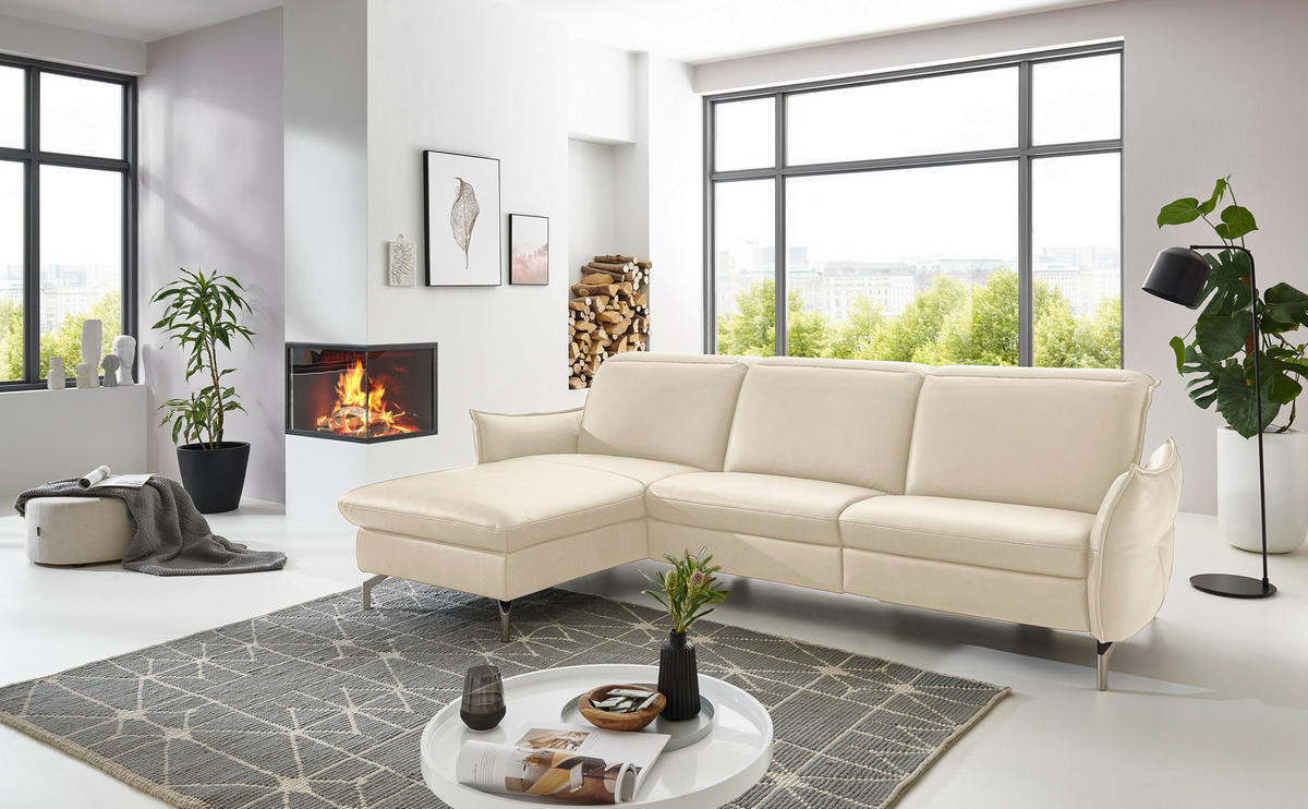 ECKSOFA Ecru Lederlook (vegan)  - Ecru/Nickelfarben, MODERN, Textil/Metall (179/233cm) - Livetastic