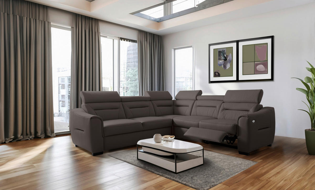 ECKSOFA Dunkelbraun Echtleder Lederlook Schlaffunktion, Rücken echt, Relaxfunktion, Kopfteilverstellung  - Wengefarben/Dunkelbraun, Design, Leder/Holz (260/260cm) - Celina Home