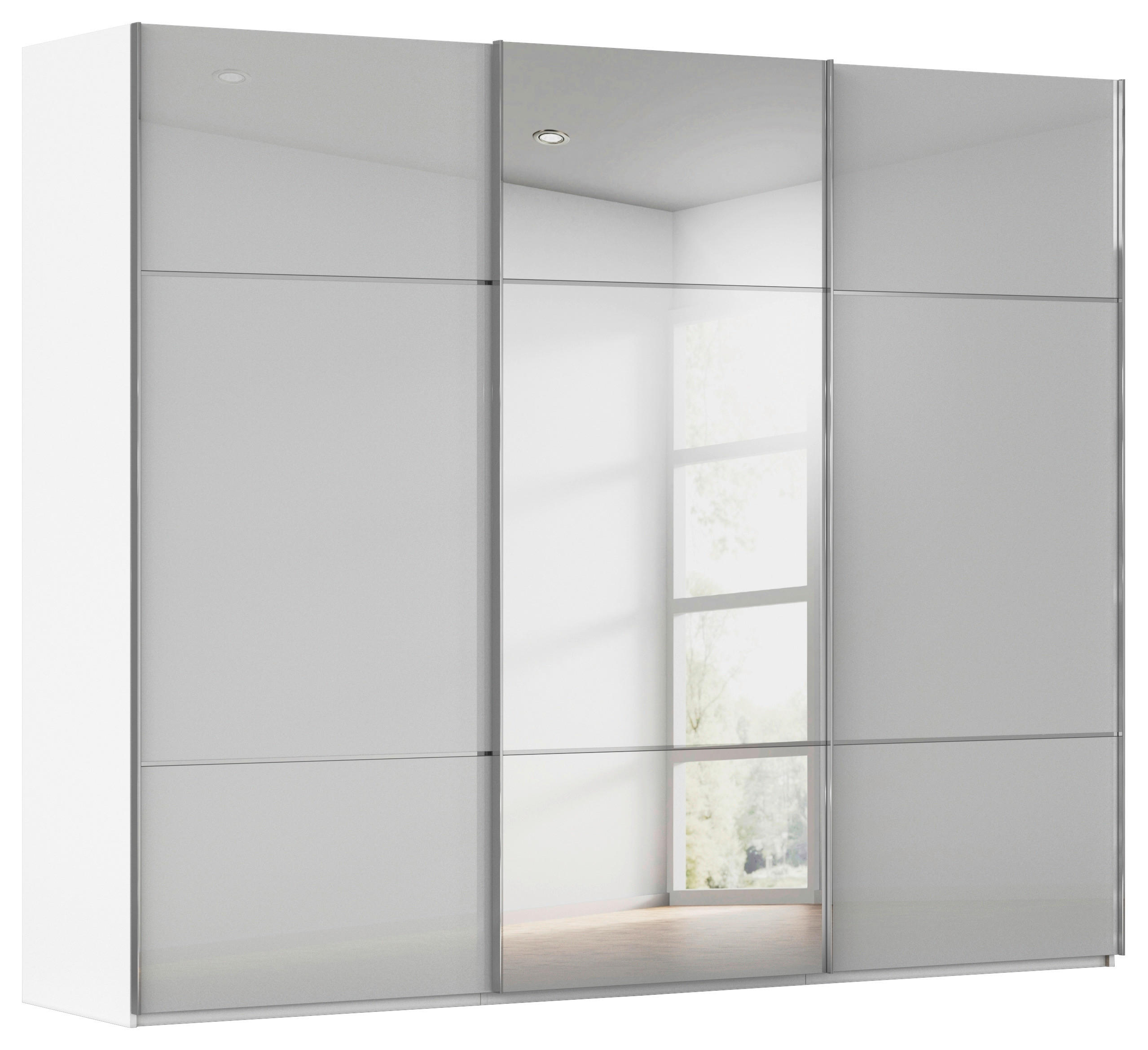 SCHWEBETÜRENSCHRANK 301/223/68 cm 3-türig Grau, Weiß  - Chromfarben/Weiß, KONVENTIONELL, Glas/Holzwerkstoff (301/223/68cm) - Novel