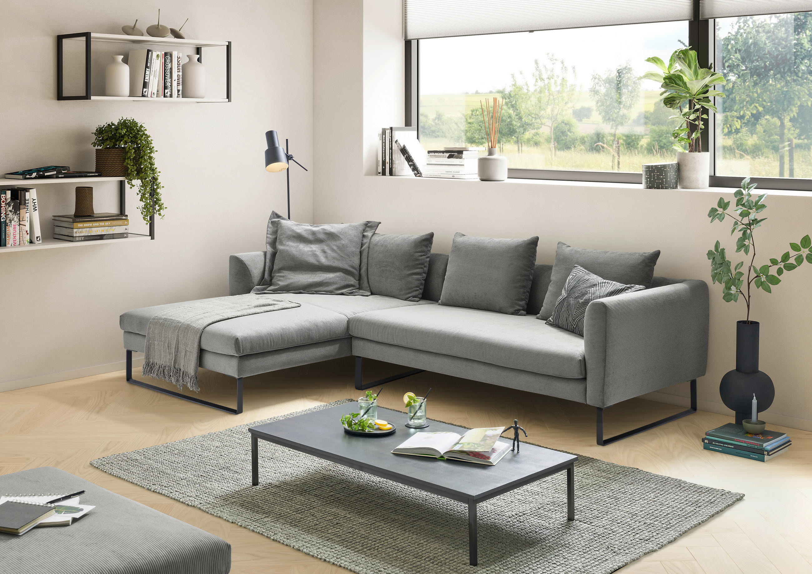 ECKSOFA in Cord Dunkelgrau  - Dunkelgrau/Schwarz, Konventionell, Textil/Metall (178/284cm) - Hom`in