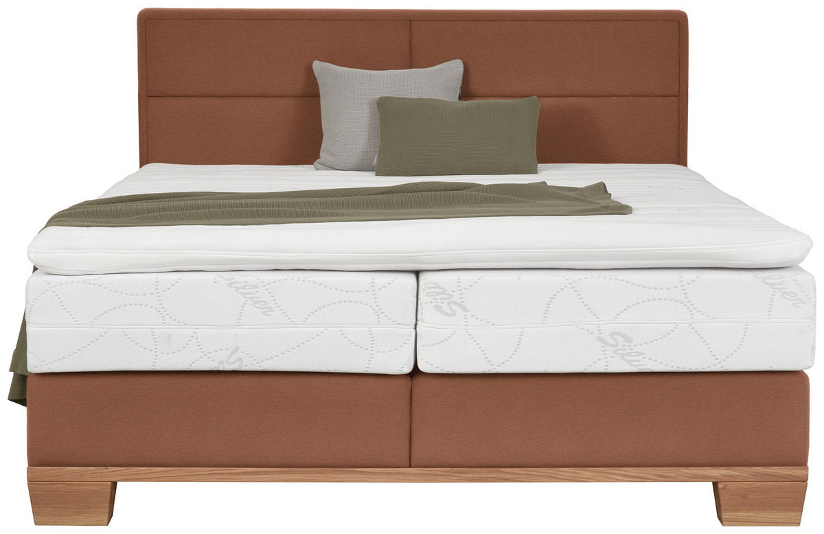 BOXSPRINGBETT 180/200 cm,  in Orange, Eichefarben, Matratze, Topper, unterschiedliche Matratzenhärtegrade je Bettseite, H3 + H4 = fest + sehr fest  - Eichefarben/Orange, Natur, Holz/Textil (180/200cm) - Valnatura