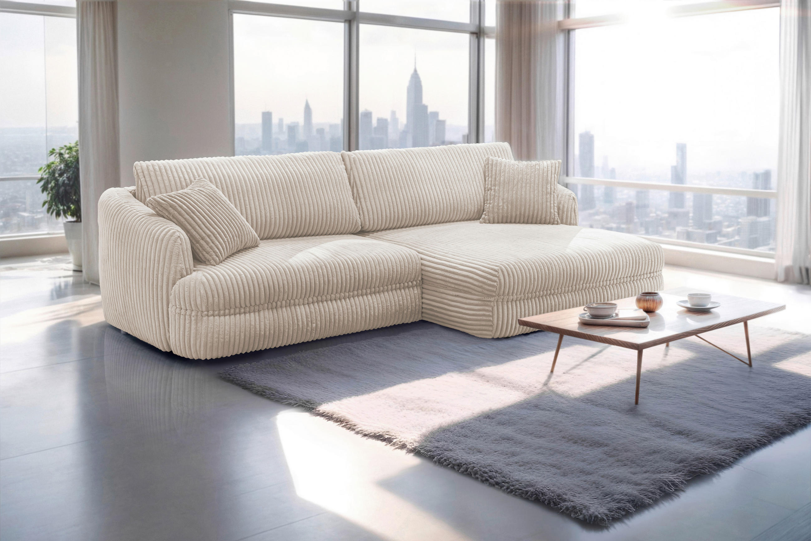 ECKSOFA Creme Cord  - Creme/Schwarz, Design, Kunststoff/Textil (284/161cm) - Livetastic