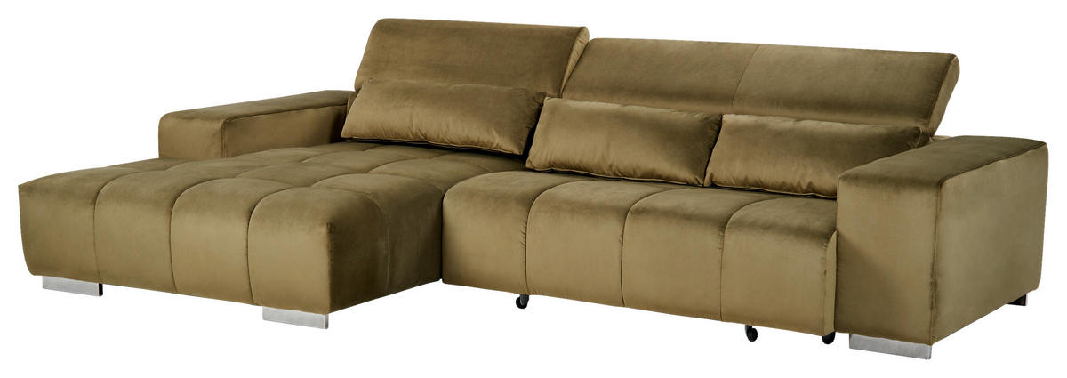 ECKSOFA Olivgrün Velours  - Silberfarben/Olivgrün, KONVENTIONELL, Textil/Metall (186/307cm) - Livetastic