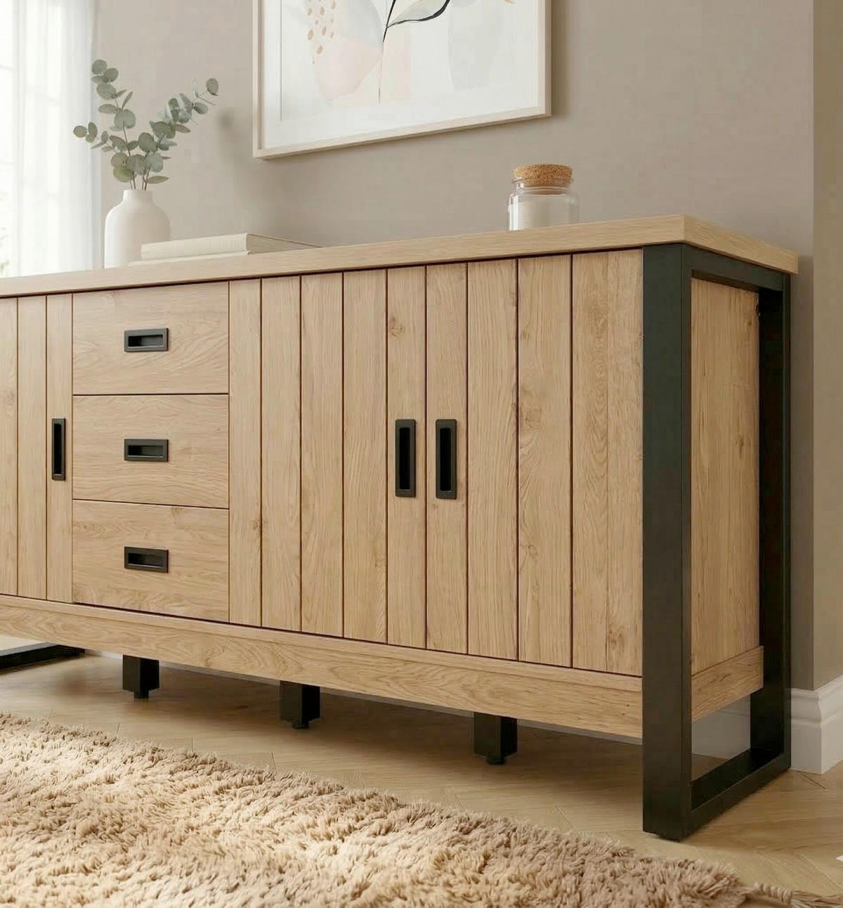 SIDEBOARD  173,4/75/39 cm 3 Schublade(n)  - Eichefarben/Schwarz, KONVENTIONELL, Holzwerkstoff/Metall (173,4/75/39cm) - MID.YOU