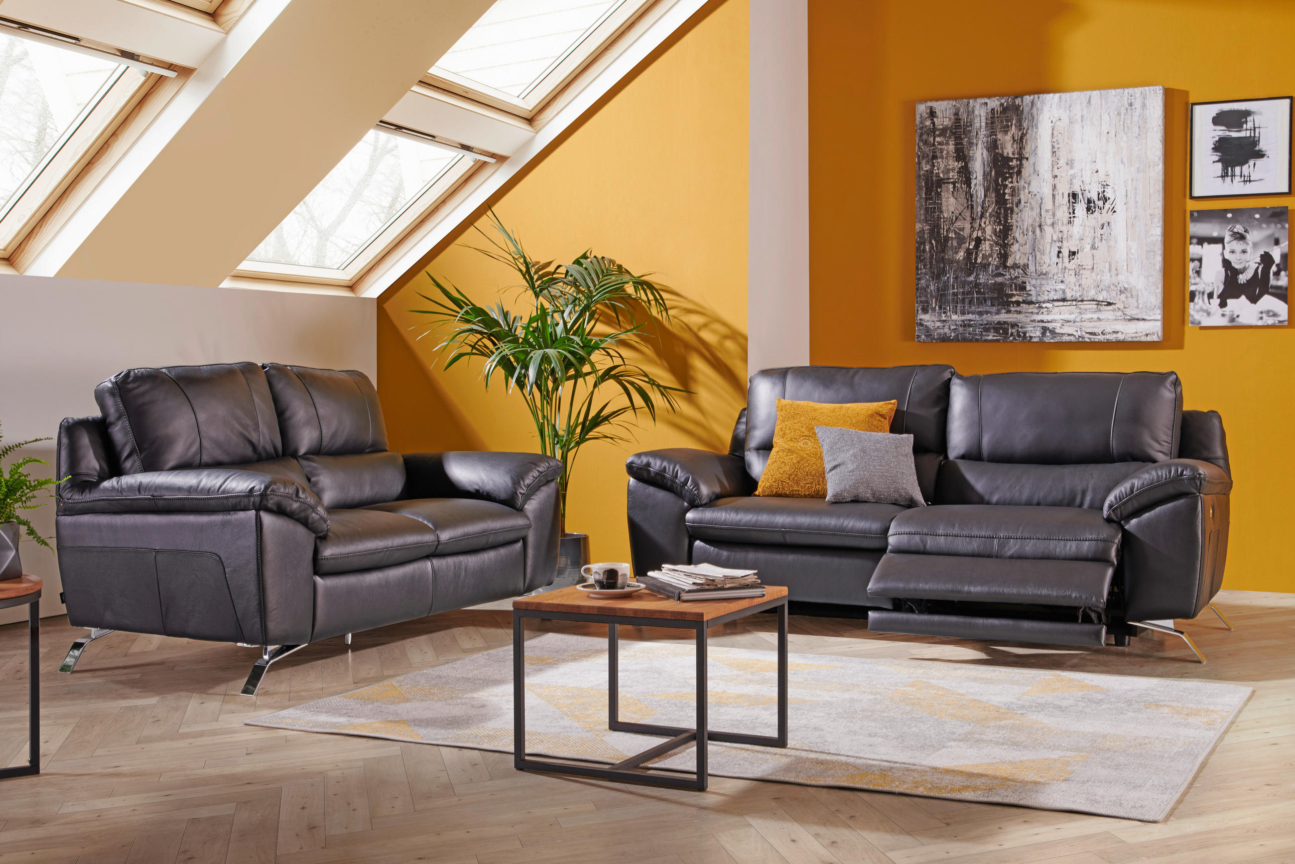 2-SITZER-SOFA in Kombination Echtleder/Lederlook Schwarz  - Silberfarben/Schwarz, Design, Leder/Metall (174/97/95cm) - Livetastic