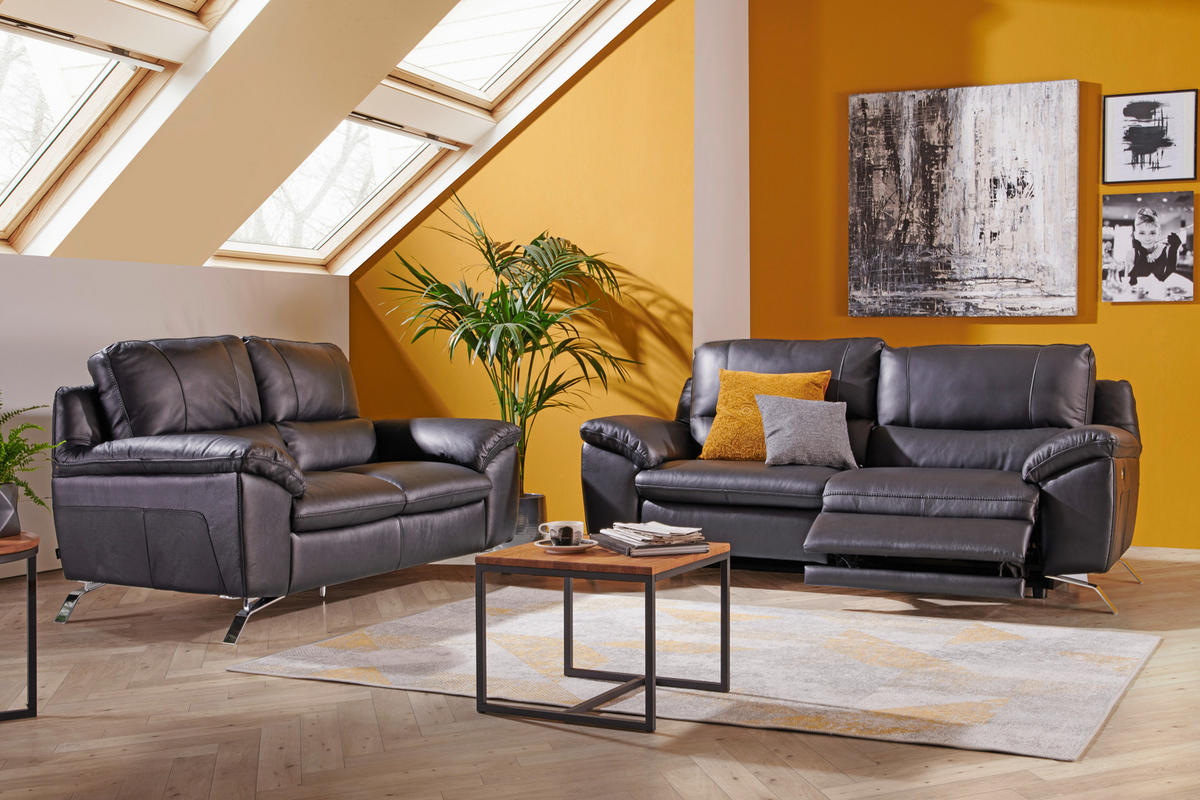 2-SITZER-SOFA Kombination Echtleder/Lederlook Schwarz  - Silberfarben/Schwarz, Design, Leder/Metall (174/97/95cm) - Livetastic