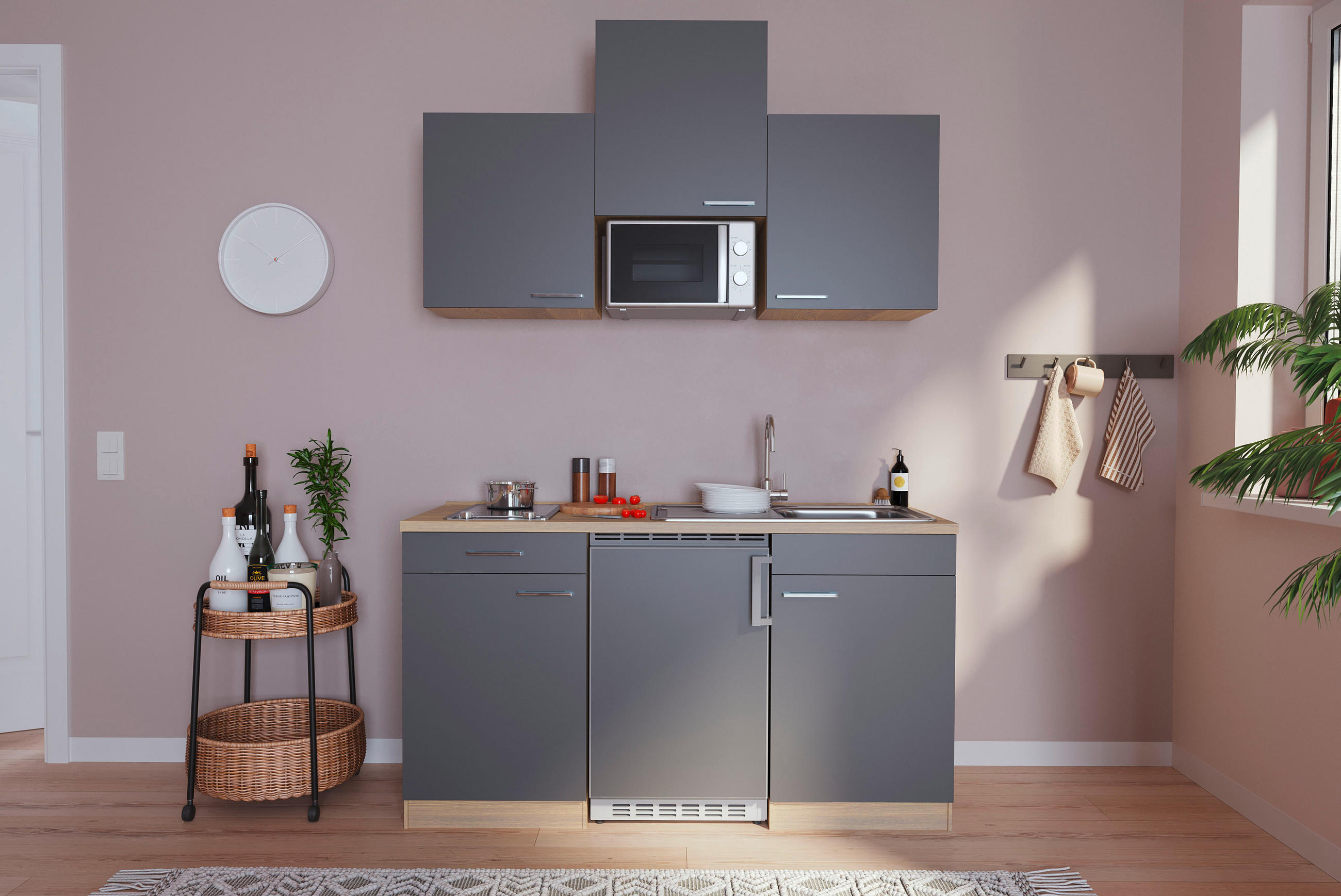 MINIKÜCHE 150 cm  in Grau, Eichefarben  - Eichefarben/Grau, Basics, Holzwerkstoff (150cm) - Respekta