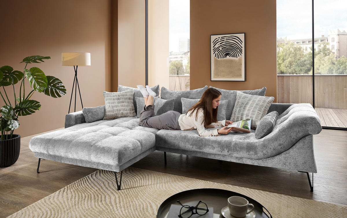 ECKSOFA GARDA in Chenille Silberfarben  192/310 cm  - Silberfarben/Schwarz, KONVENTIONELL, Textil/Metall (192/310cm) - Livetastic