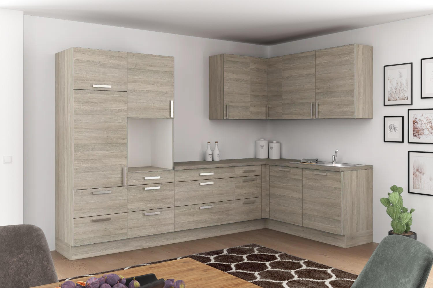 Eckküche Ip2200 ohne Geräte 320x185 cm Grau/Eiche Dekor