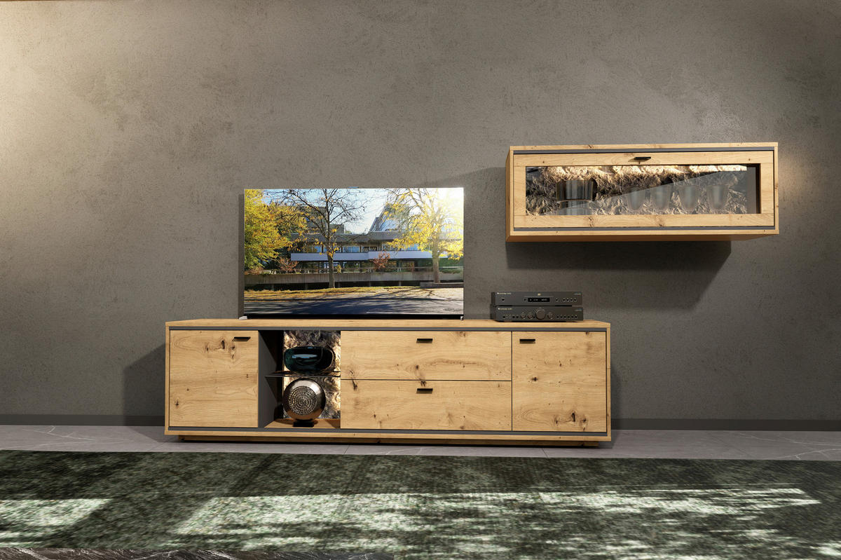 LOWBOARD Graphitfarben, Eiche Artisan  220/60/49 cm  - Schwarz/Graphitfarben, Design, Glas/Holzwerkstoff (220/60/49cm) - Cantus