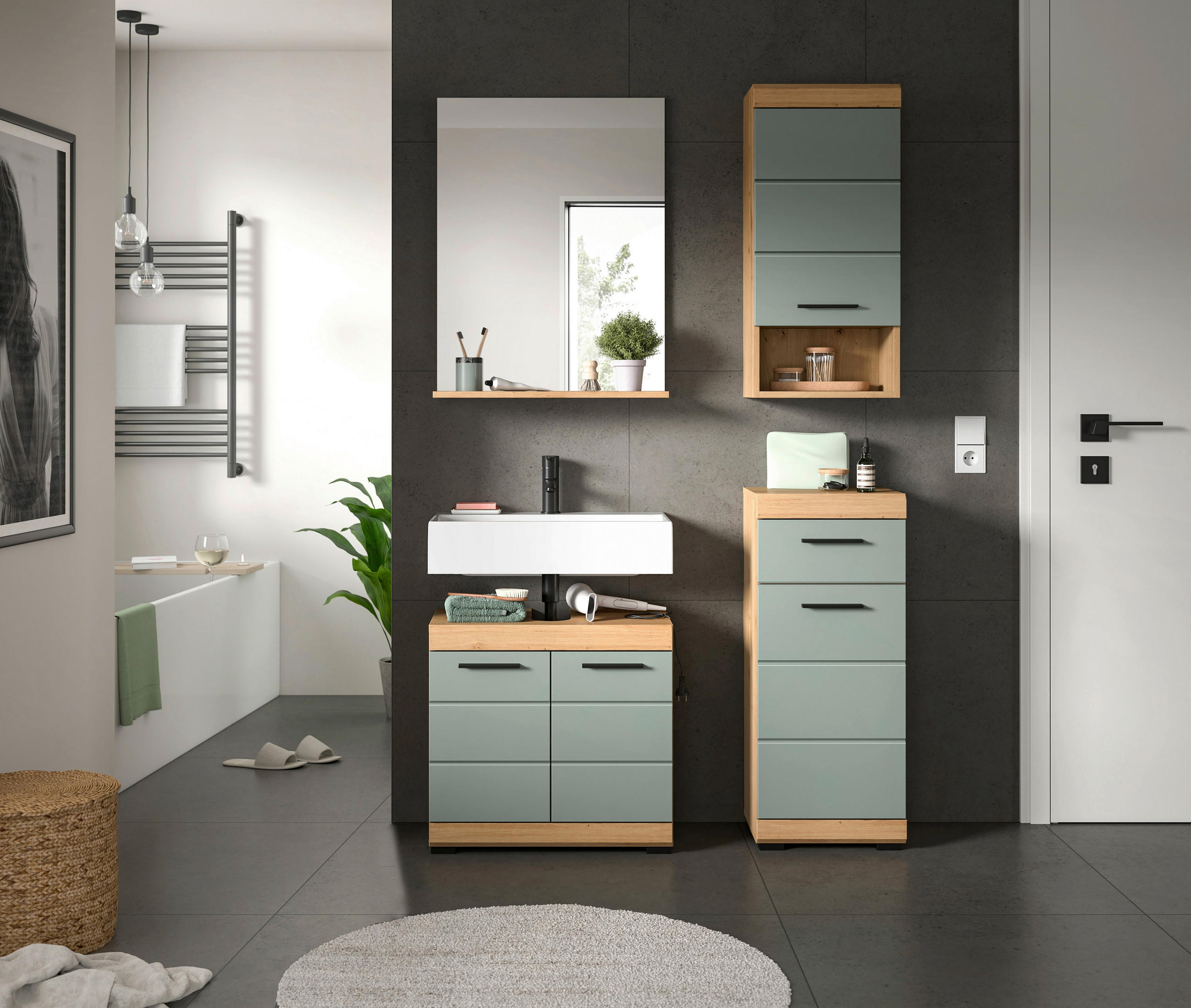 BADEZIMMER 4-teilig in 97 cm - Salbeigrün/Schwarz, Modern, Glas/Holzwerkstoff (97cm) - MID.YOU