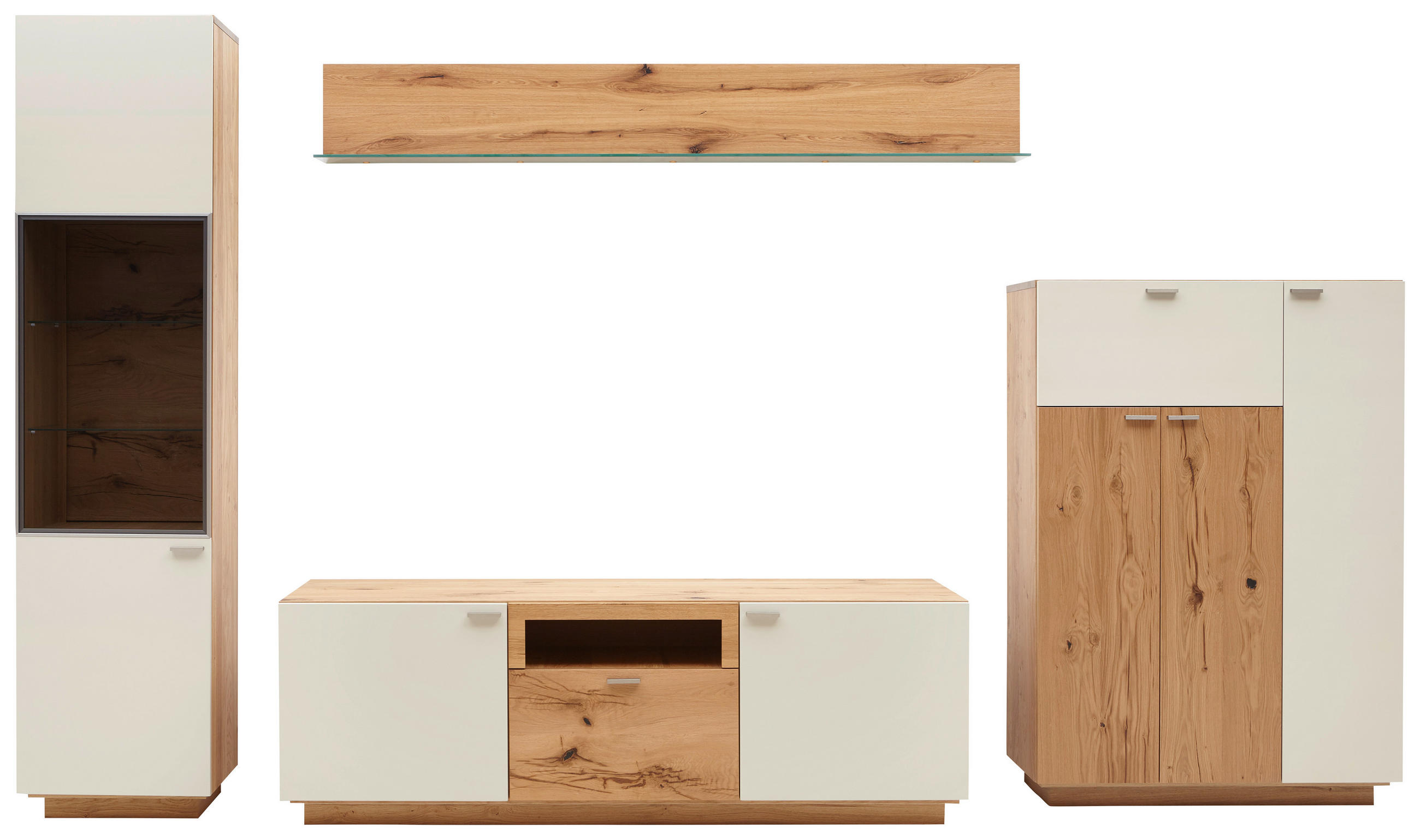 WOHNWAND Asteiche furniert Eichefarben, Champagner Befestigungsmaterial, Einlegeboden - Champagner/Eichefarben, KONVENTIONELL, Glas/Holz (352/200/55cm) - Voleo