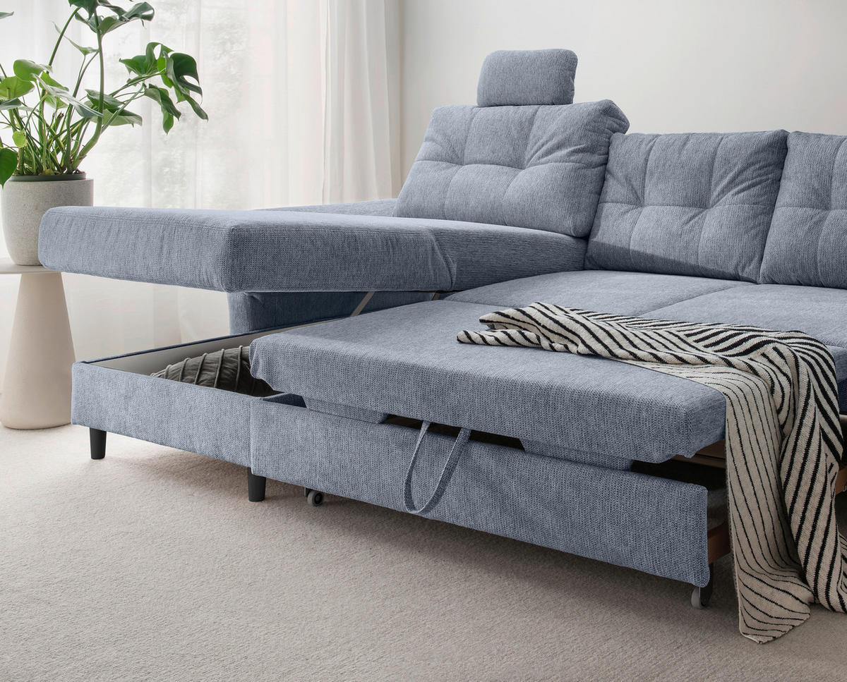WOHNLANDSCHAFT in Chenille Hellblau  - Schwarz/Hellblau, Modern, Holz/Textil (176/338/206cm) - Livetastic