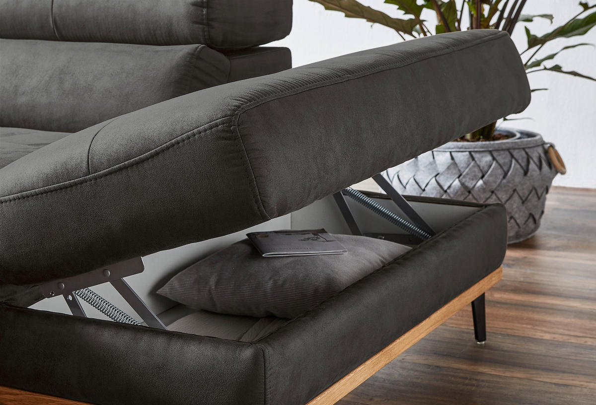 ECKSOFA in Lederlook Grau  - Schwarz/Grau, Natur, Holz/Textil (282/226cm) - Novel