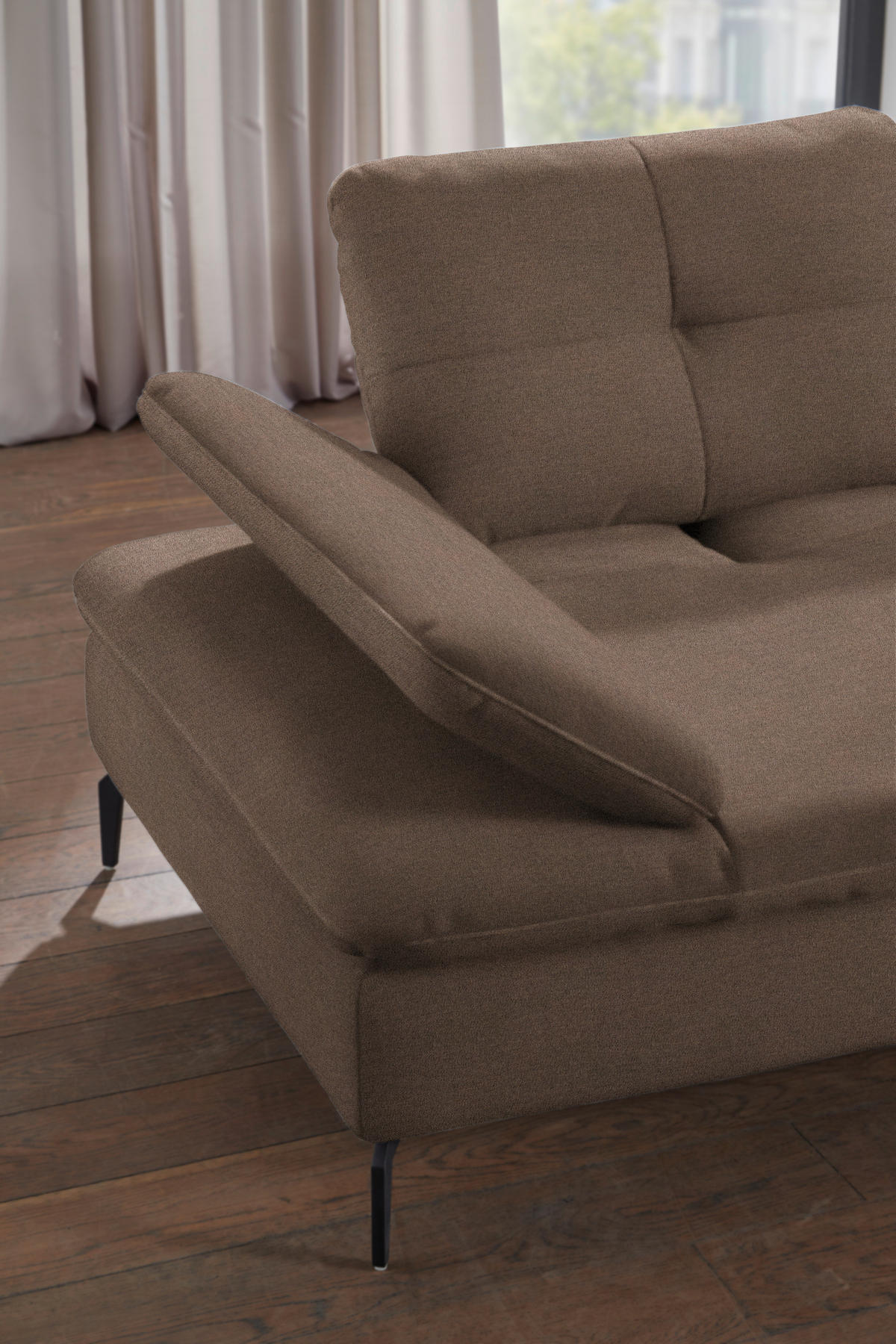 ECKSOFA in Flachgewebe Graubraun  - Graubraun/Schwarz, Design, Textil/Metall (344/157cm) - Chilliano