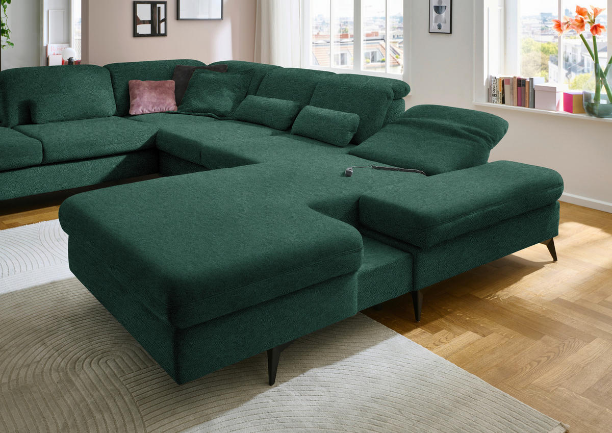 WOHNLANDSCHAFT  in Chenille Waldgrün  - Waldgrün/Schwarz, Design, Textil/Metall (255/364/198cm) - Beldomo Style