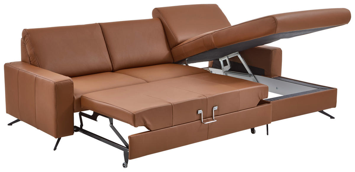ECKSOFA in Echtleder Cognac  - Cognac/Schwarz, Design, Leder/Metall (165/267cm) - Lomoco