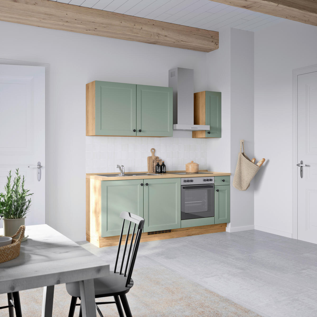 KÜCHENBLOCK Cascada 210 cm  in Grün, Eichefarben  - Eichefarben/Schwarz, MODERN, Holzwerkstoff/Metall (210cm) - Nobilia