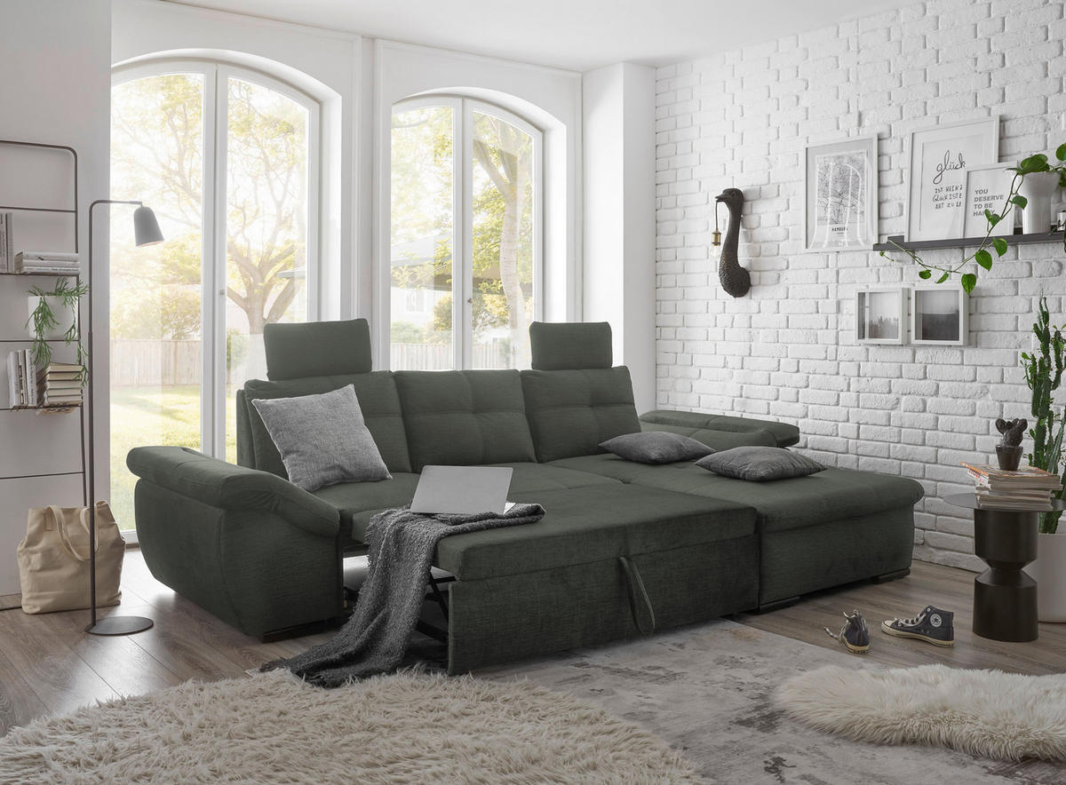 ECKSOFA in Mikrovelours Dunkelgrün  - Dunkelgrün/Schwarz, Konventionell, Kunststoff/Textil (275/170cm) - Carryhome