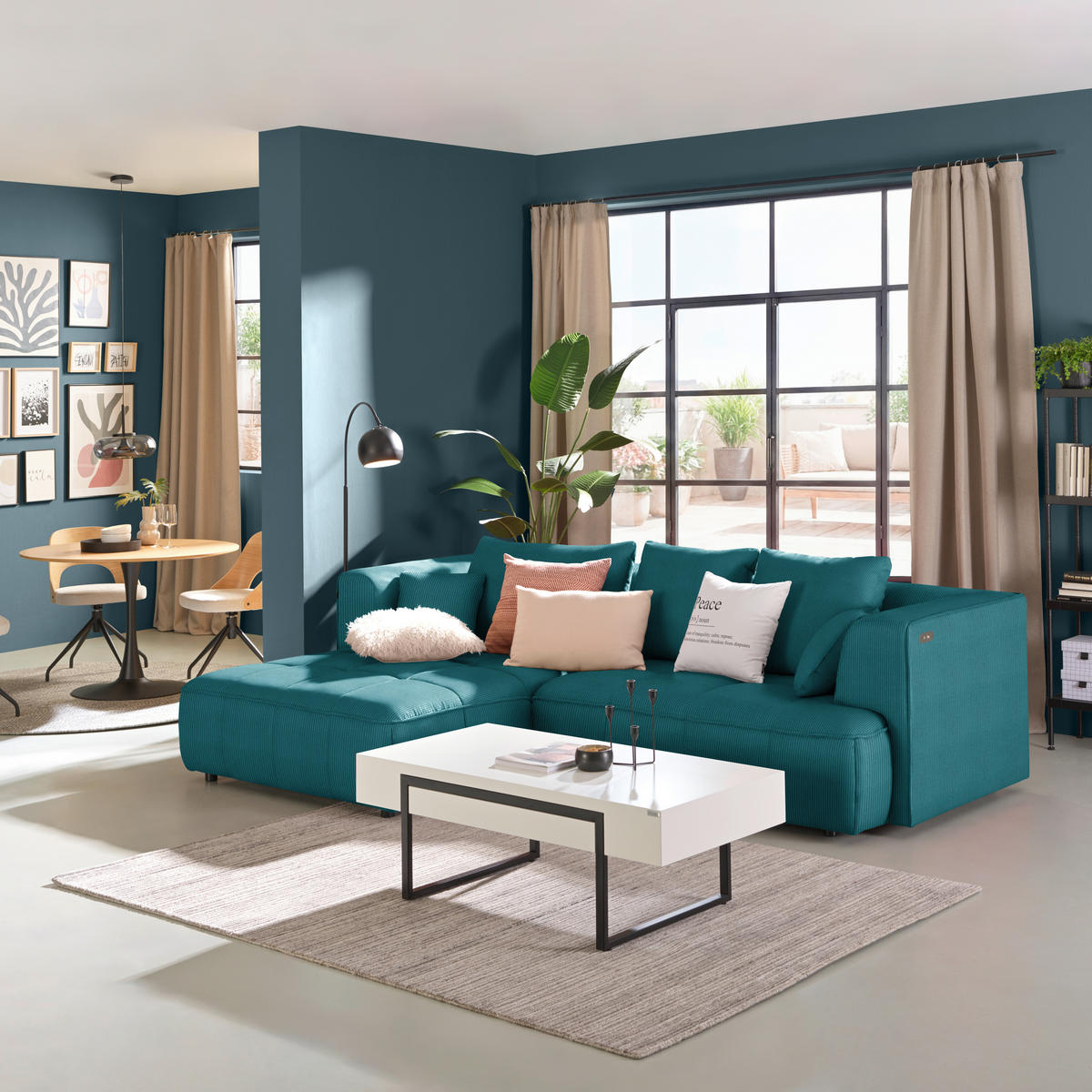 ECKSOFA Feincord Petrol  - Petrol/Schwarz, Design, Kunststoff/Textil (188/288cm) - Welnova
