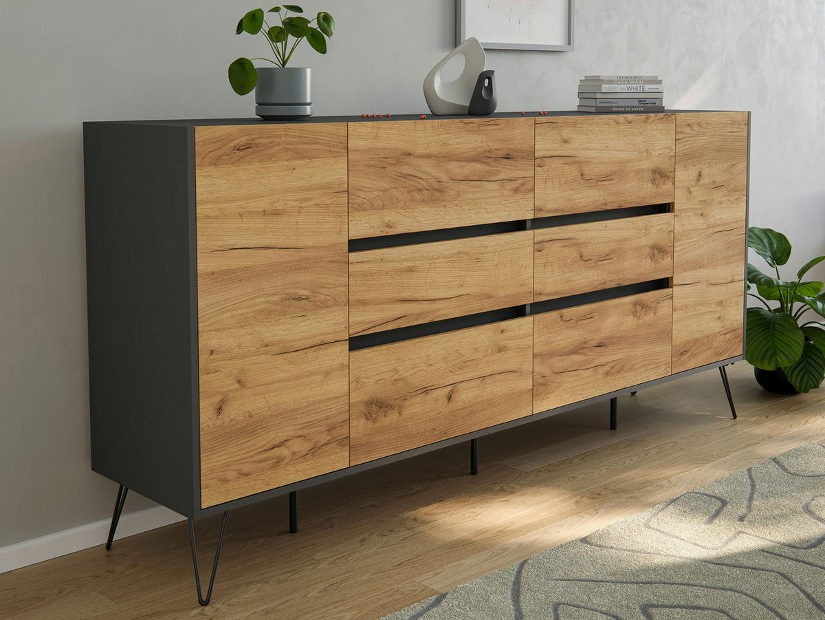 SIDEBOARD Posseik Industrial 199/93,6/42 cm 6 Schublade(n)  - Eichefarben/Graphitfarben, Design, Holzwerkstoff/Metall (199/93,6/42cm) - P & B
