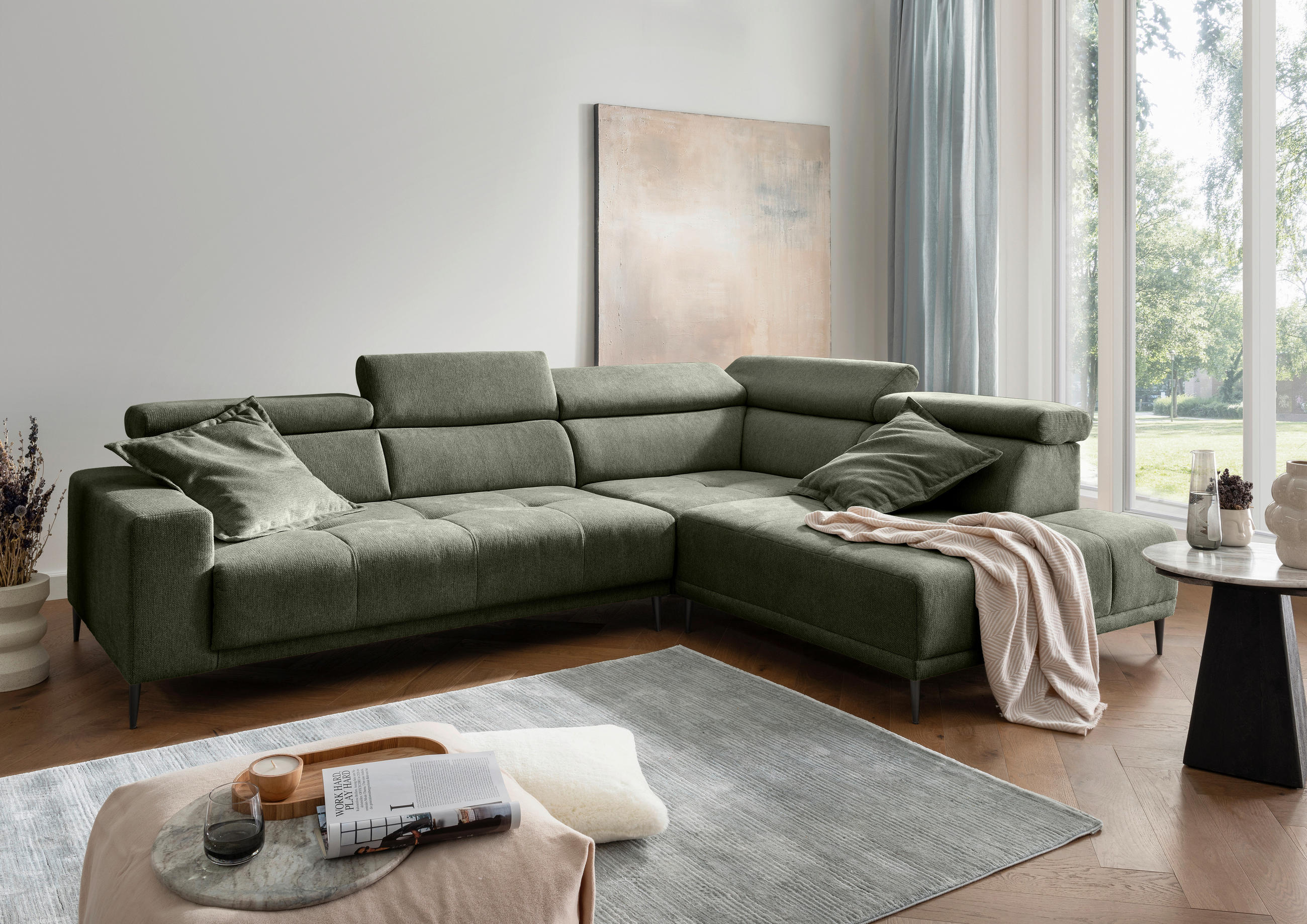 ECKSOFA INTERA Dunkelgrün Struktur Kopfteilverstellung, Sitzvorzug  - Dunkelgrün/Schwarz, KONVENTIONELL, Textil/Metall (305/225cm) - Livetastic