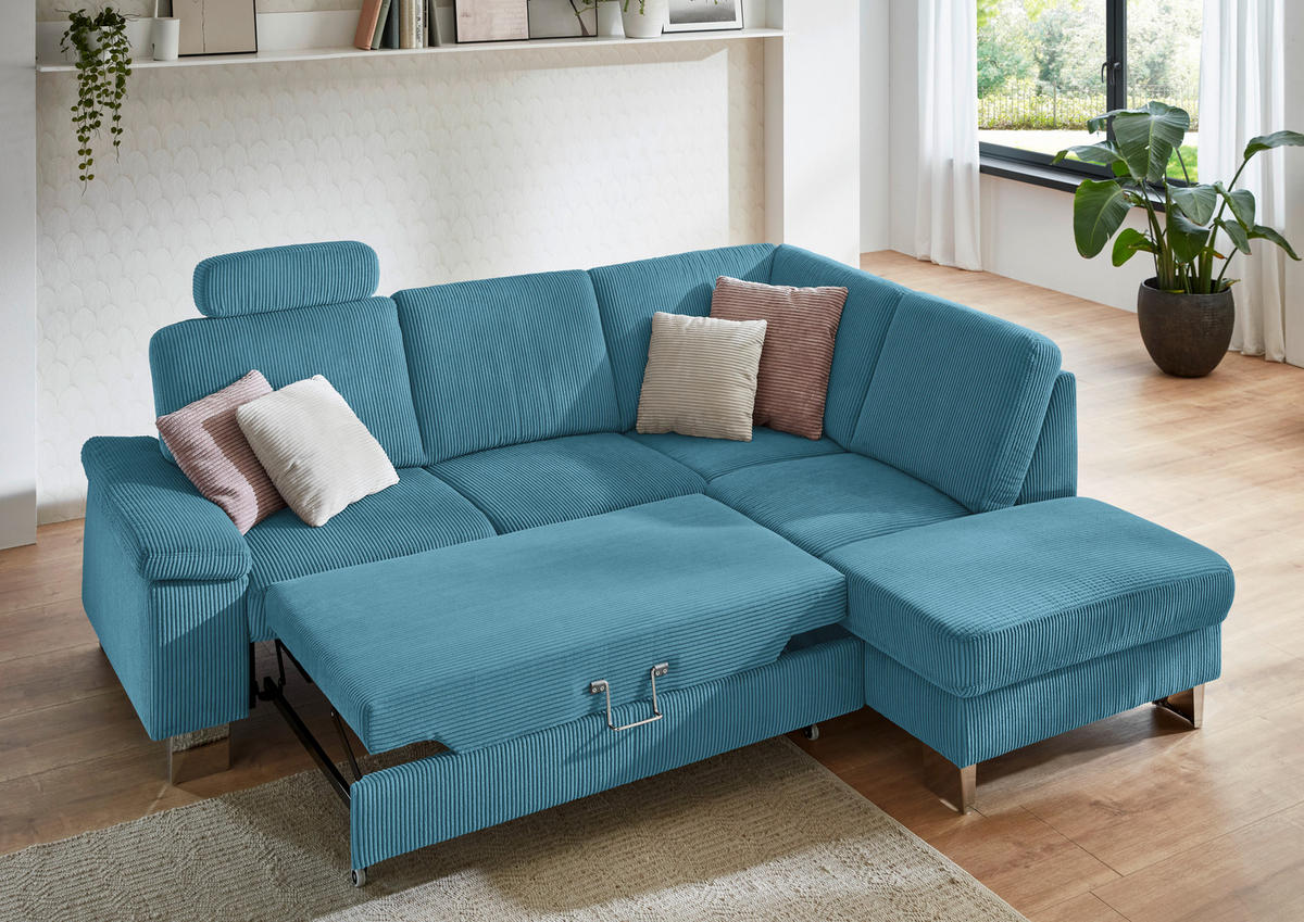 ECKSOFA in Cord Petrol  - Edelstahlfarben/Petrol, Konventionell, Textil/Metall (248/200cm) - Beldomo System