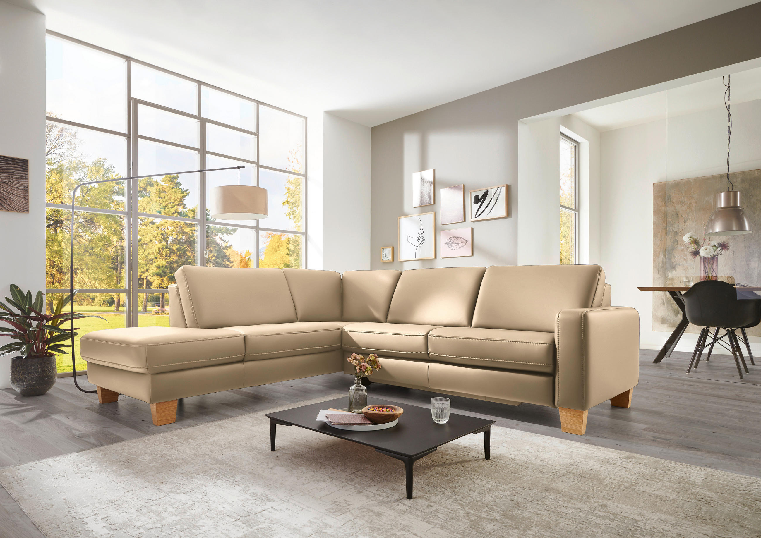 ECKSOFA in Echtleder Beige  - Eiche Bianco/Beige, Konventionell, Leder/Holz (235/257cm) - Valdera