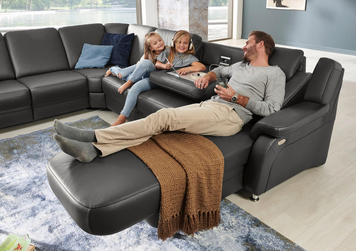 WOHNLANDSCHAFT in Echtleder Anthrazit  - Anthrazit/Alufarben, Konventionell, Leder/Metall (239/329/165cm) - Beldomo Premium