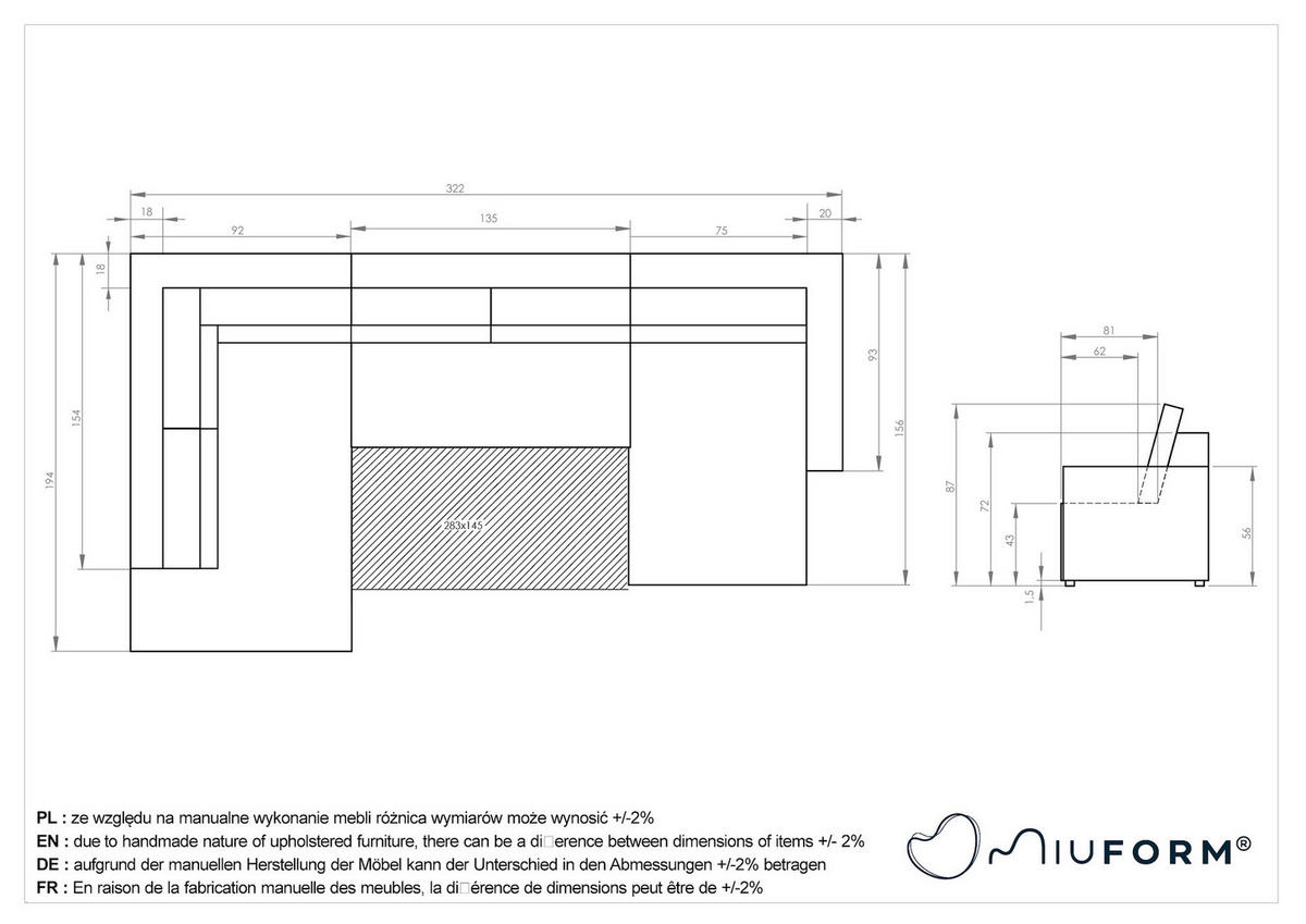 WOHNLANDSCHAFT in Dunkelgrau  - Weiss/Dunkelgrau, Design, Kunststoff/Textil (194/322/156cm) - MID.YOU