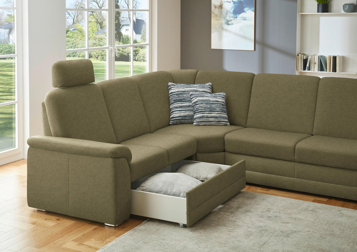 WOHNLANDSCHAFT  in Chenille Schilfgrün  - Schilfgrün/Alufarben, KONVENTIONELL, Holz/Textil (235/329/160cm) - Beldomo Comfort