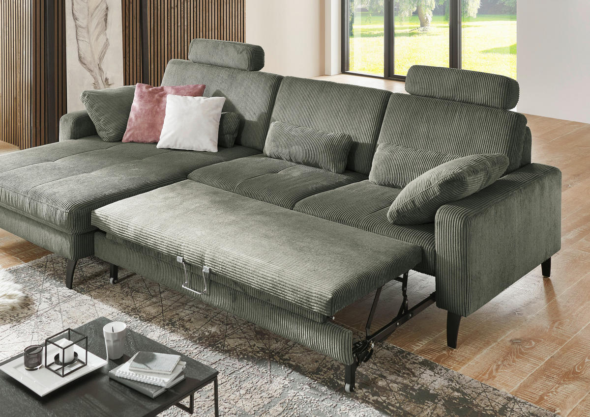 ECKSOFA in Cord Olivgrün  - Schwarz/Olivgrün, Modern, Textil/Metall (177/302cm) - Beldomo Style