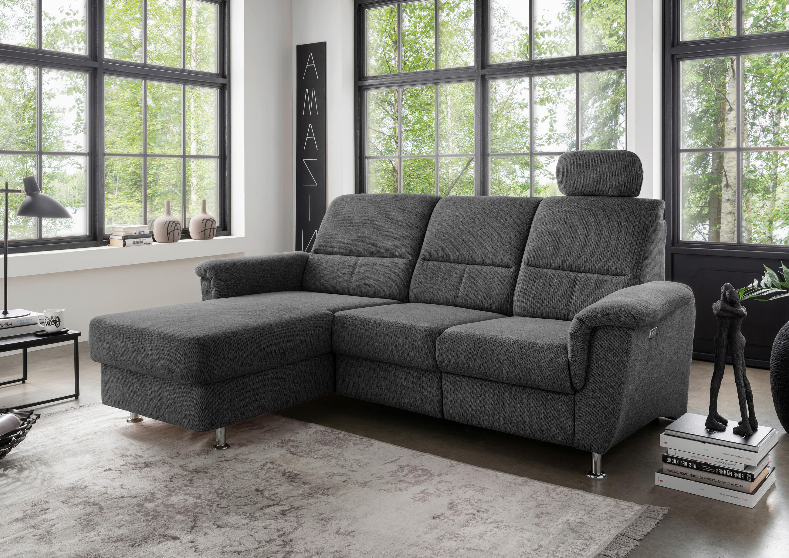 Thumbnail - Livetastic Ecksofa, Anthrazit, Textil, Uni, 4-Sitzer, L-Form, Ottomane links, 231x165 cm, Made in EU, USB-Anschluss, Rüc...
