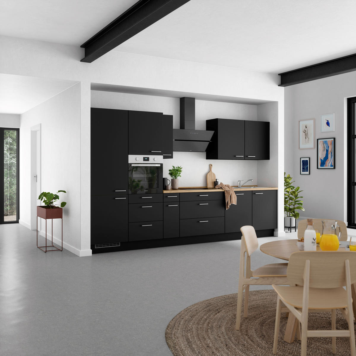 KÜCHENLEERBLOCK 360 cm   in Schwarz, Eichefarben  - Edelstahlfarben/Eichefarben, MODERN, Holzwerkstoff/Metall (360cm) - Nobilia