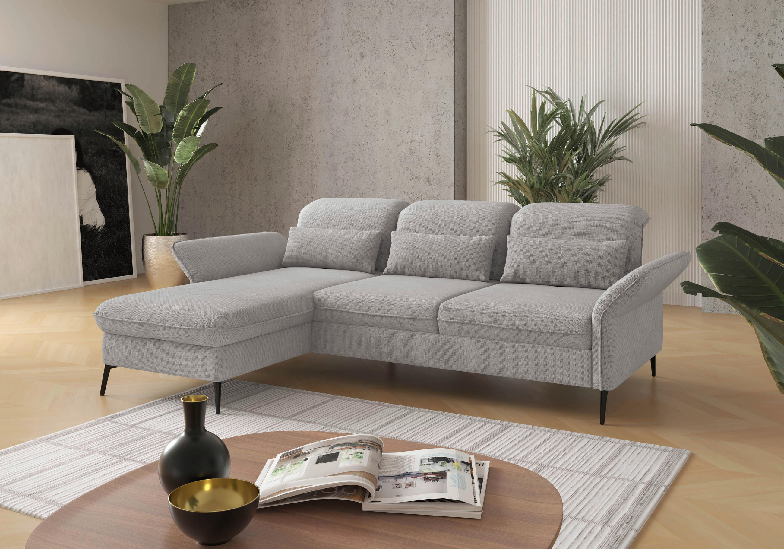 ECKSOFA in Flachgewebe Silberfarben  - Silberfarben/Schwarz, Konventionell, Textil/Metall (198/264cm) - Sit & More
