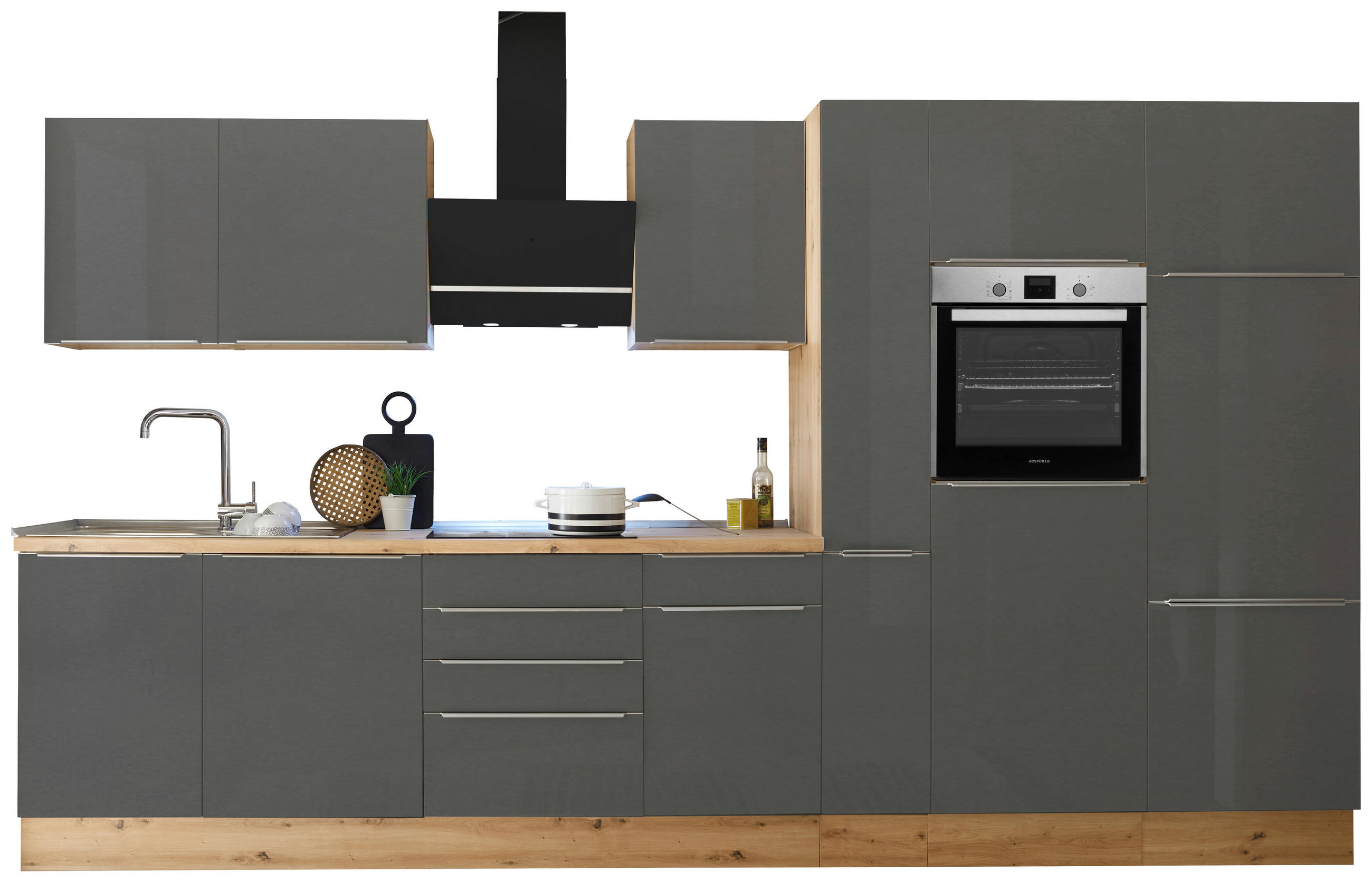 KÜCHENBLOCK 370 cm   in Anthrazit, Grau, Eiche Artisan  - Anthrazit/Alufarben, LIFESTYLE, Holzwerkstoff/Kunststoff (370cm) - Respekta